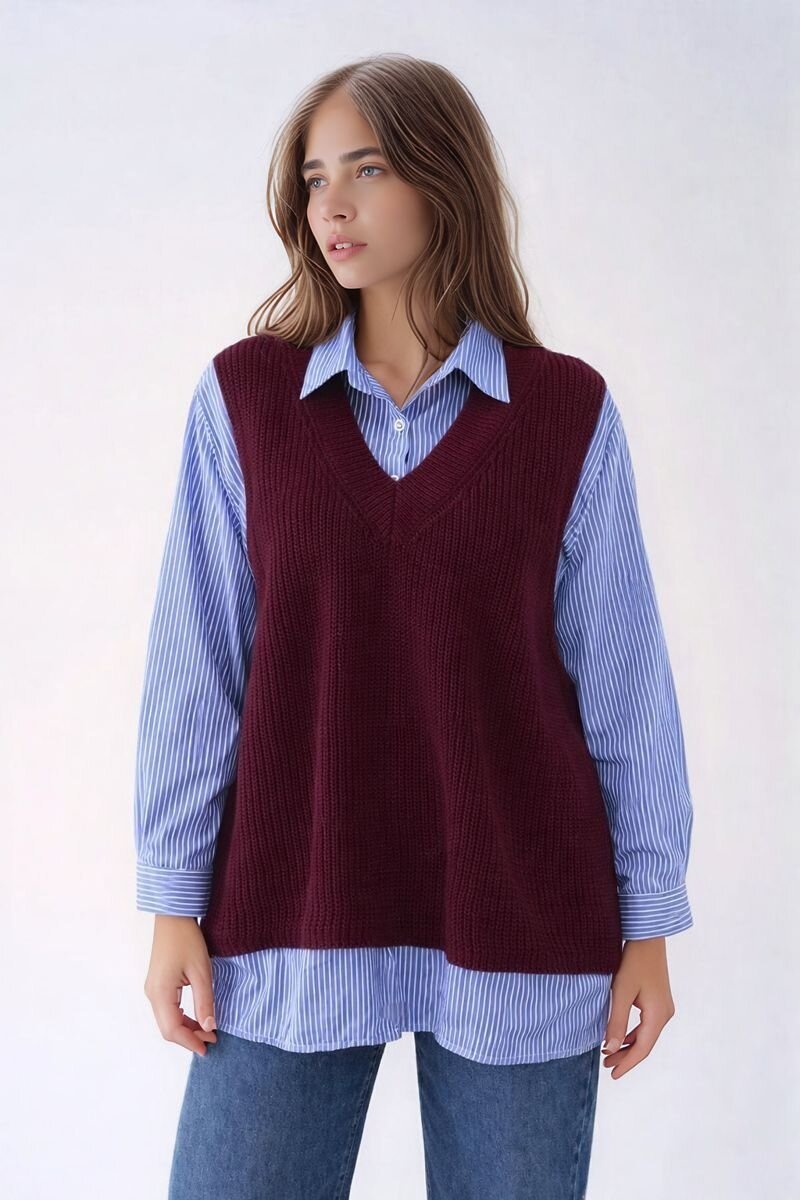 Kadın Uzun Kol Gömlek Yaka İçi Gömlekli Triko Yelekli Spor Şık Gömlek Kazak