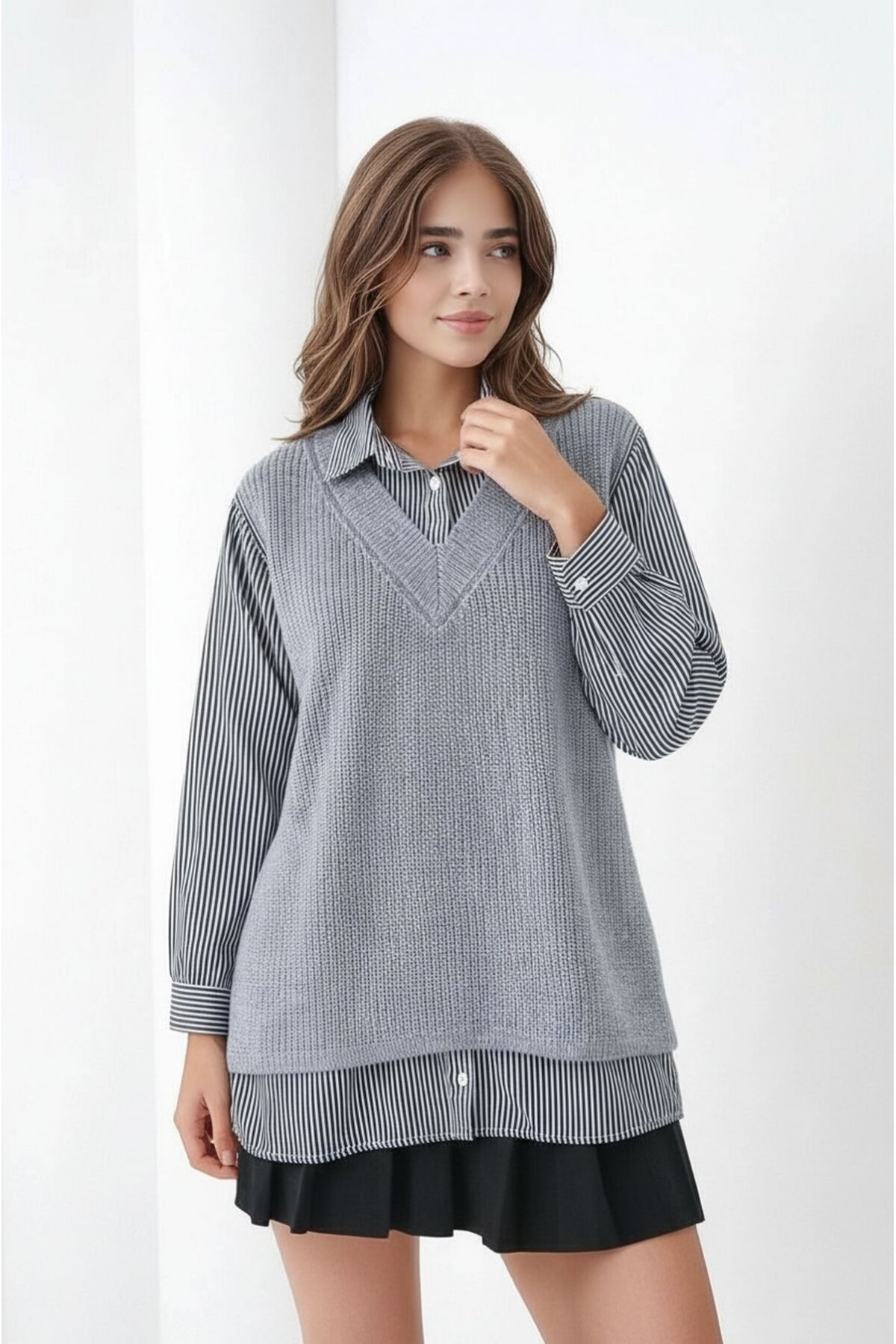 Kadın Uzun Kol Gömlek Yaka İçi Gömlekli Triko Yelekli Spor Şık Gömlek Kazak