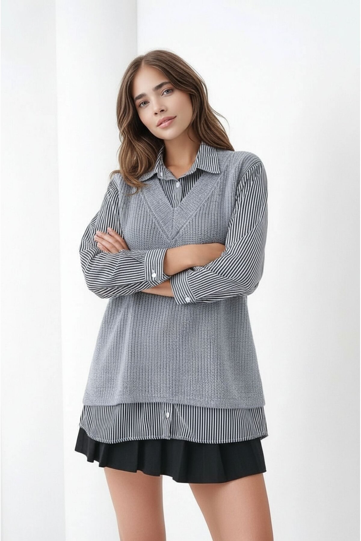 Kadın Uzun Kol Gömlek Yaka İçi Gömlekli Triko Yelekli Spor Şık Gömlek Kazak