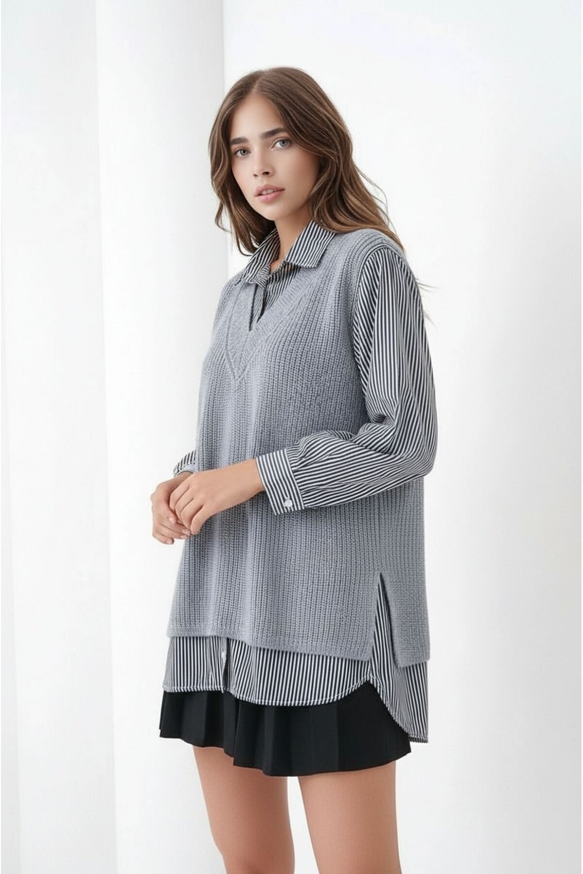 Kadın Uzun Kol Gömlek Yaka İçi Gömlekli Triko Yelekli Spor Şık Gömlek Kazak