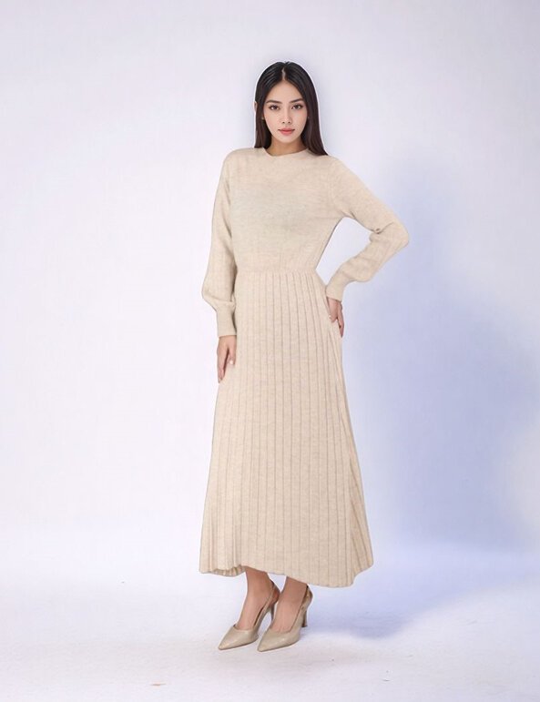 Kadın Uzun Kol Bisiklet Yaka Triko Belden Asimetrik Etek Triko Spor Şık Elbise