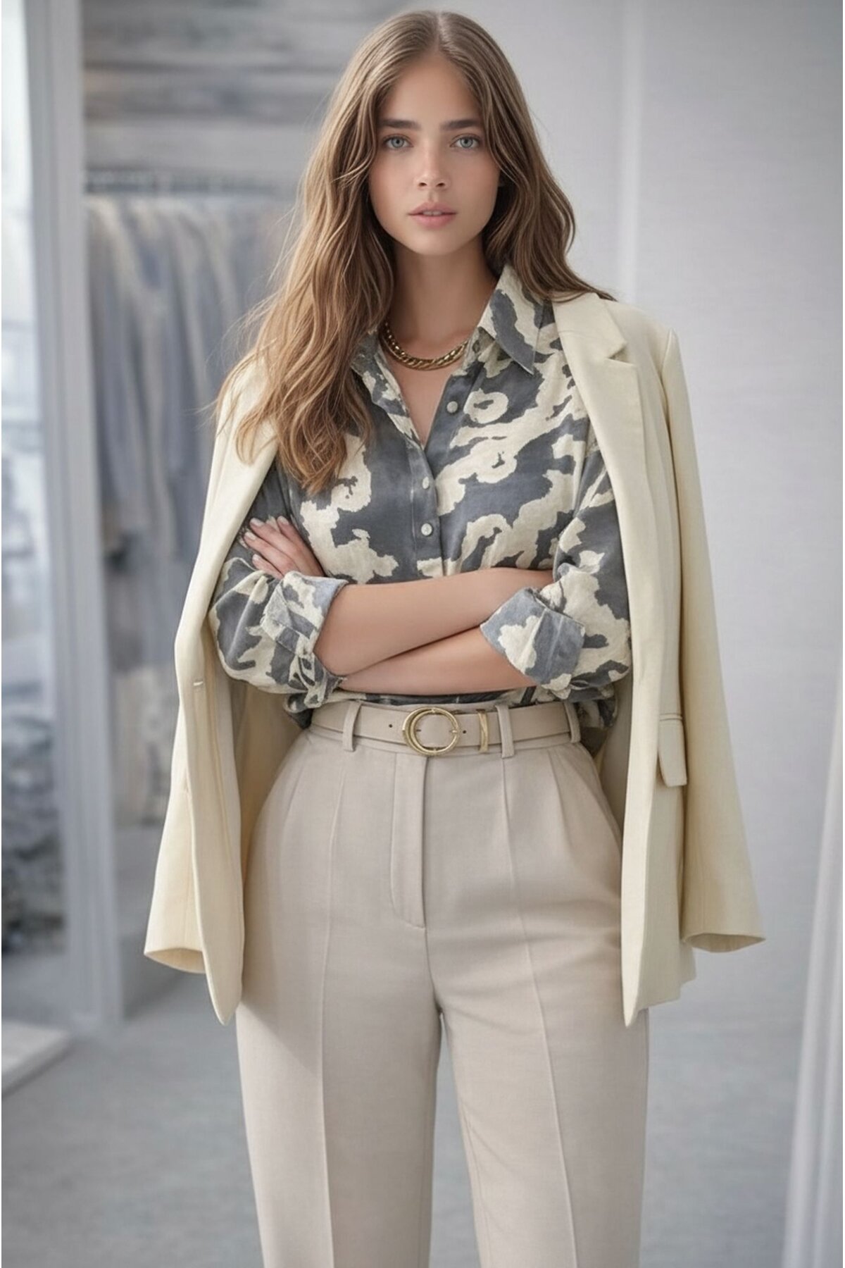 Kadın Uzun Kol Parlak Saten Desenli Spor Şık Rahat Kalıp Saten Gömlek