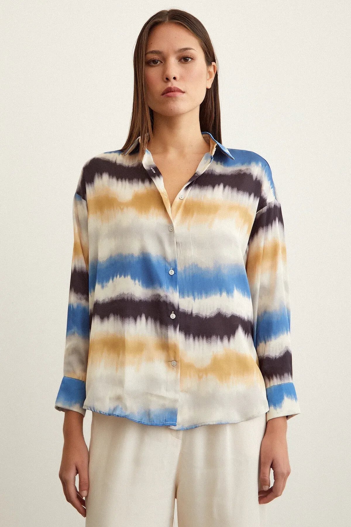 Kadın Uzun Kol Sulu Boya Desenli Renkli Pamuk Saten Premium Kalite Spor Şık Gömlek