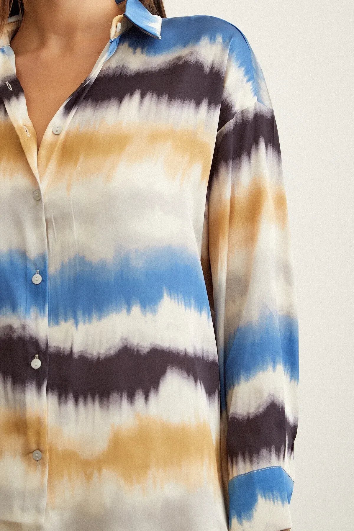 Kadın Uzun Kol Sulu Boya Desenli Renkli Pamuk Saten Premium Kalite Spor Şık Gömlek