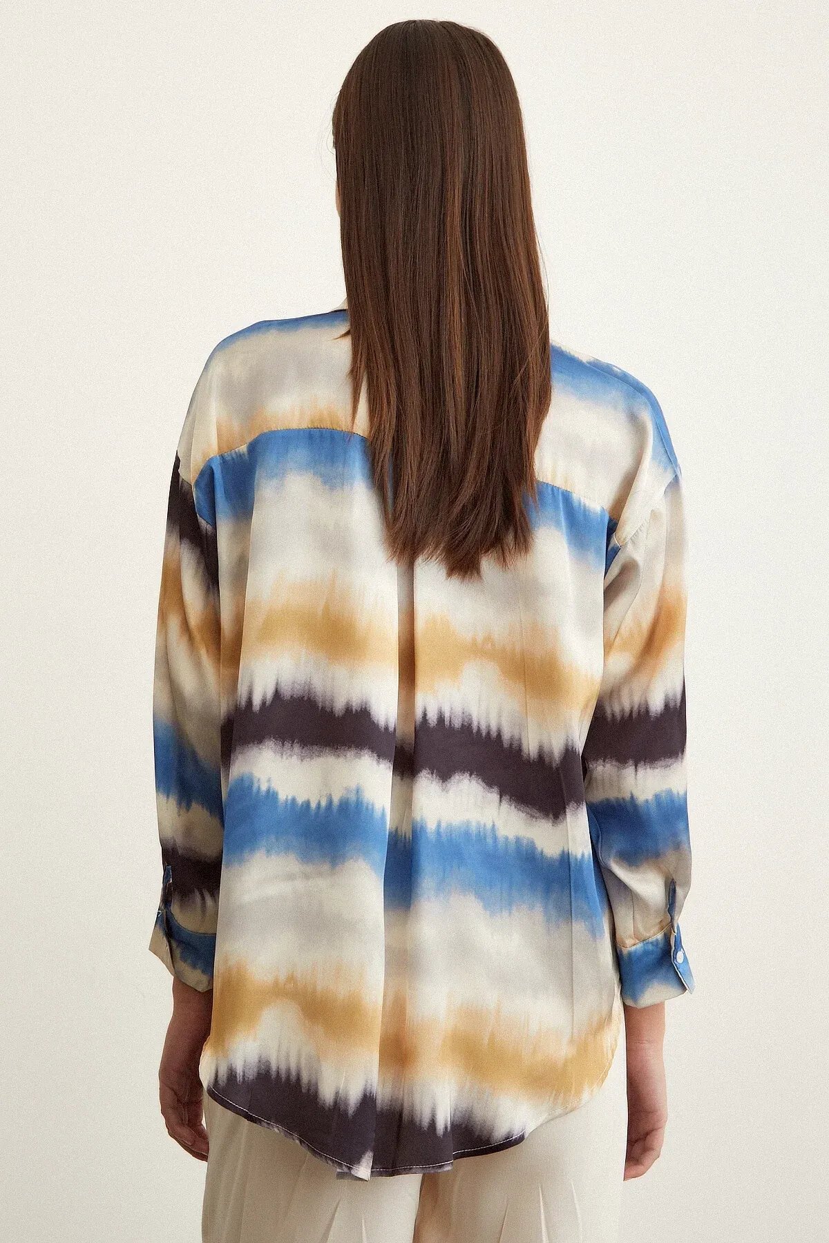 Kadın Uzun Kol Sulu Boya Desenli Renkli Pamuk Saten Premium Kalite Spor Şık Gömlek