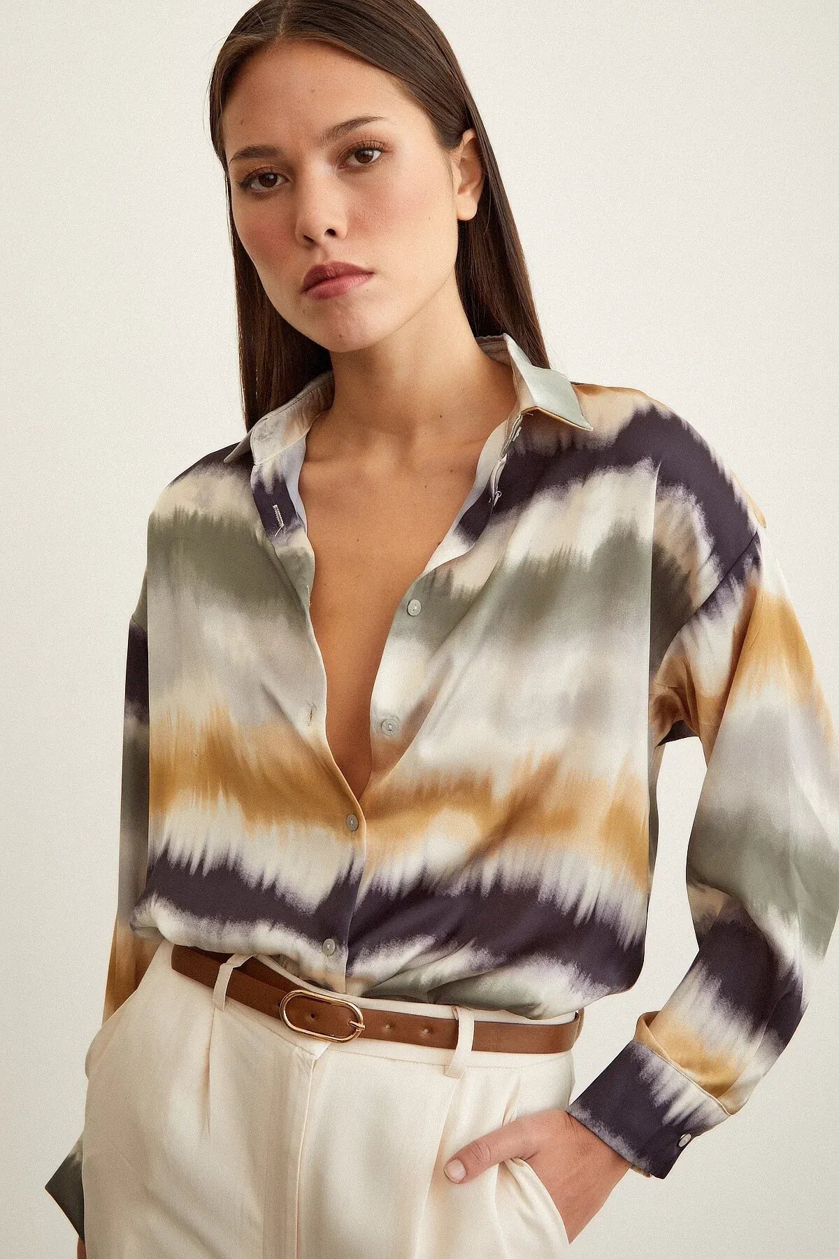 Kadın Uzun Kol Sulu Boya Desenli Renkli Pamuk Saten Premium Kalite Spor Şık Gömlek