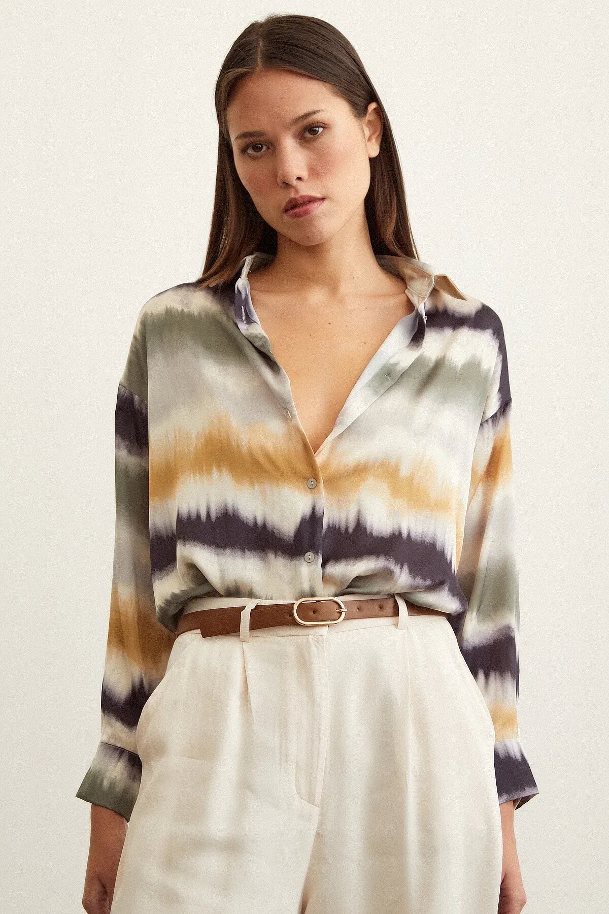 Kadın Uzun Kol Sulu Boya Desenli Renkli Pamuk Saten Premium Kalite Spor Şık Gömlek