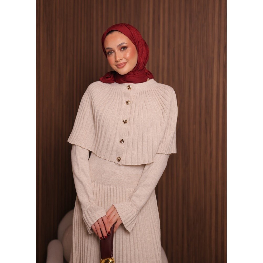 Kadın Uzun Kol Tasarım Şal Yaka Tesettüre Uygun Panço Düğme Detay Triko Şık Maxi Boy Uzun Elbise