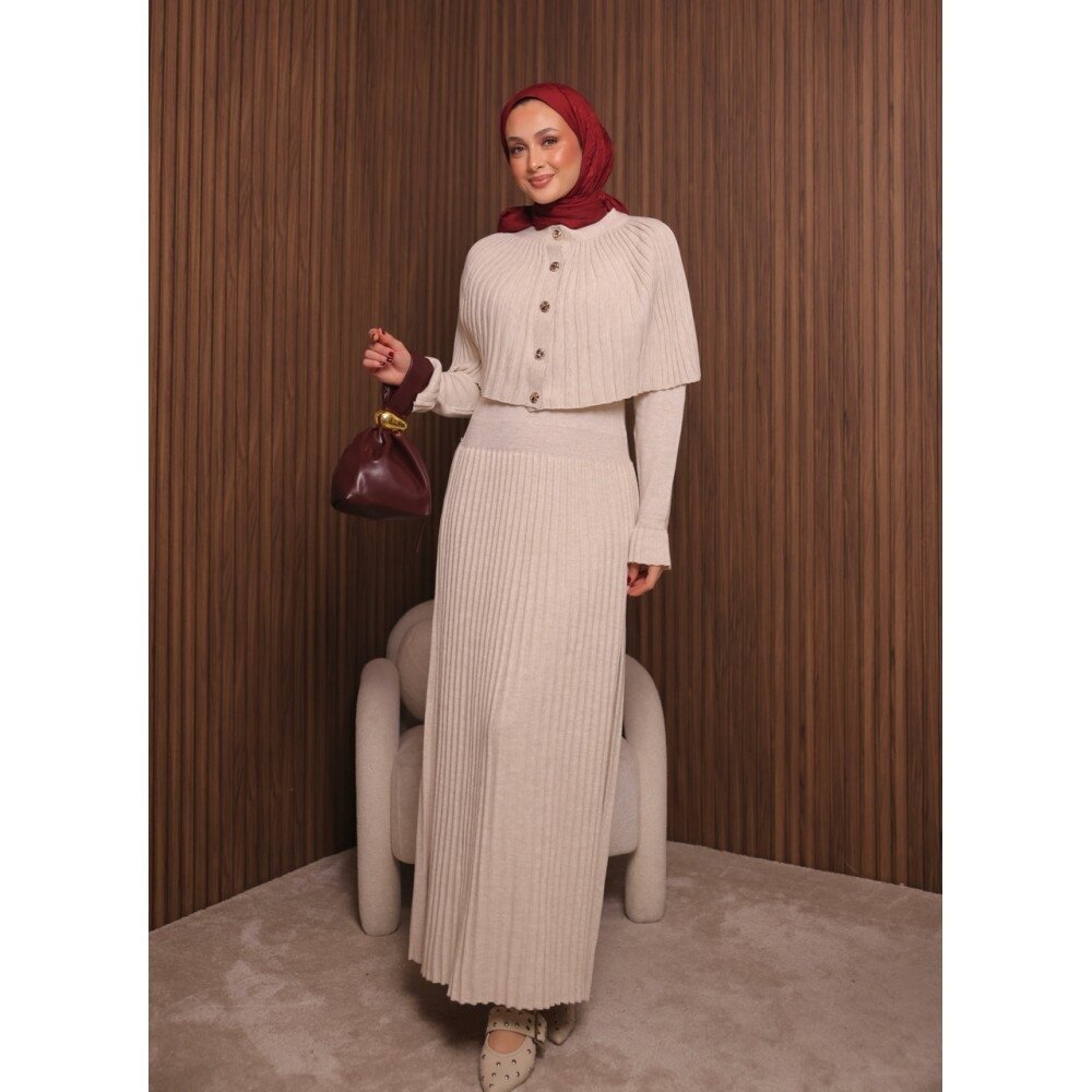 Kadın Uzun Kol Tasarım Şal Yaka Tesettüre Uygun Panço Düğme Detay Triko Şık Maxi Boy Uzun Elbise