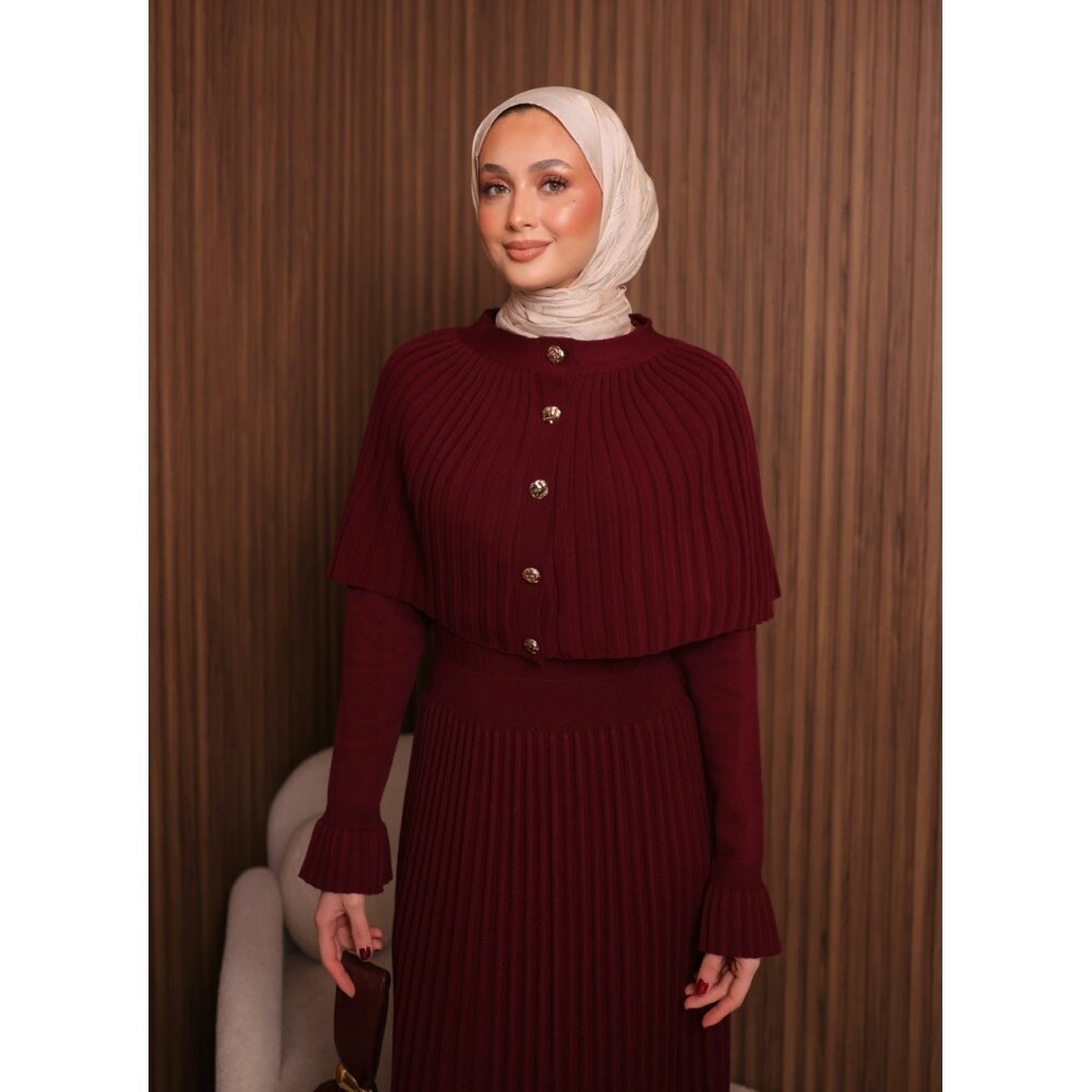 Kadın Uzun Kol Tasarım Şal Yaka Tesettüre Uygun Panço Düğme Detay Triko Şık Maxi Boy Uzun Elbise