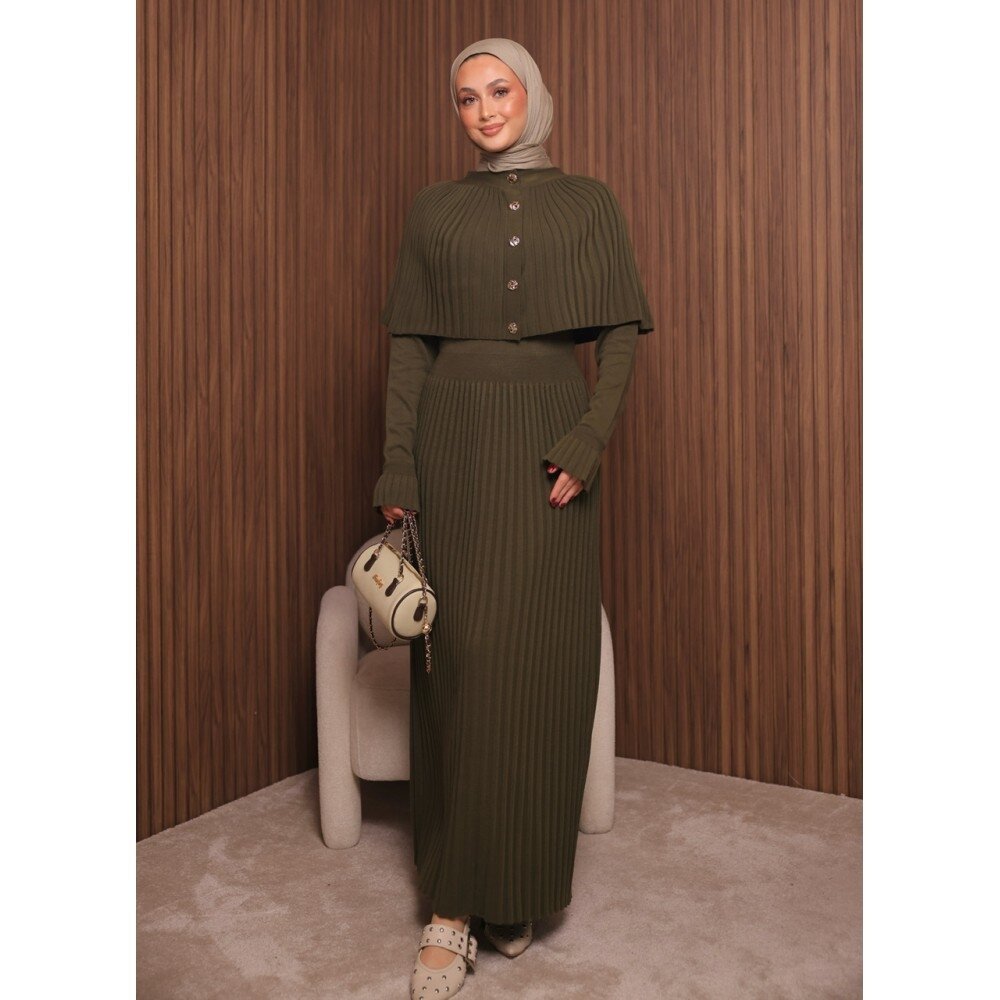 Kadın Uzun Kol Tasarım Şal Yaka Tesettüre Uygun Panço Düğme Detay Triko Şık Maxi Boy Uzun Elbise