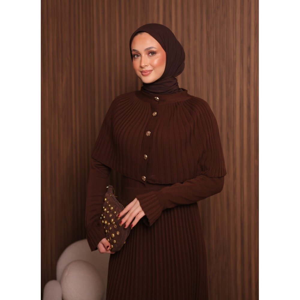 Kadın Uzun Kol Tasarım Şal Yaka Tesettüre Uygun Panço Düğme Detay Triko Şık Maxi Boy Uzun Elbise