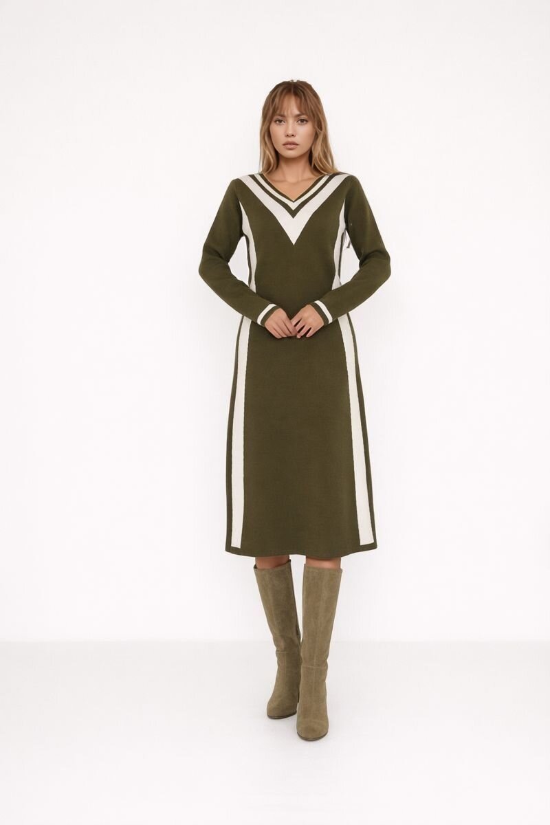 Kadın Uzun Kol V Yaka Yan Şerit Renkli Triko Spor Şık Tesettüre Uygun Kışlık Elbise