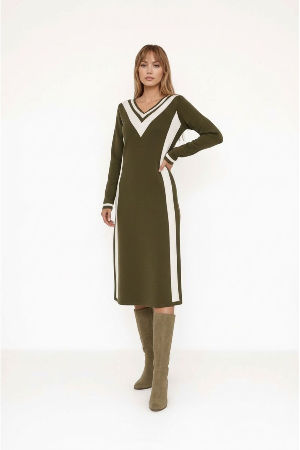 Kadın Uzun Kol V Yaka Yan Şerit Renkli Triko Spor Şık Tesettüre Uygun Kışlık Elbise