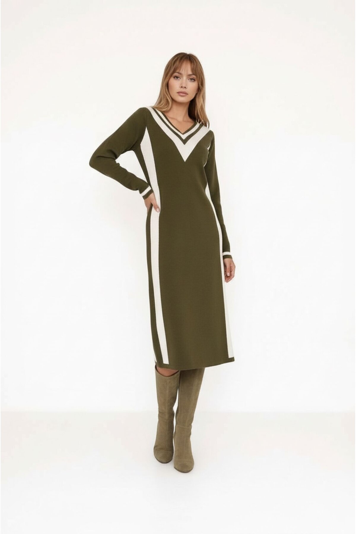 Kadın Uzun Kol V Yaka Yan Şerit Renkli Triko Spor Şık Tesettüre Uygun Kışlık Elbise