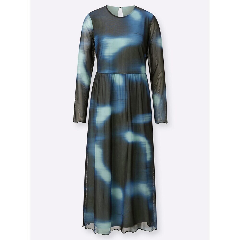 Kadın Uzun Kol Maxi Uzun Boy Şık Esnek Büyük Kalıp Bisiklet Yaka Batik Desen Elbise