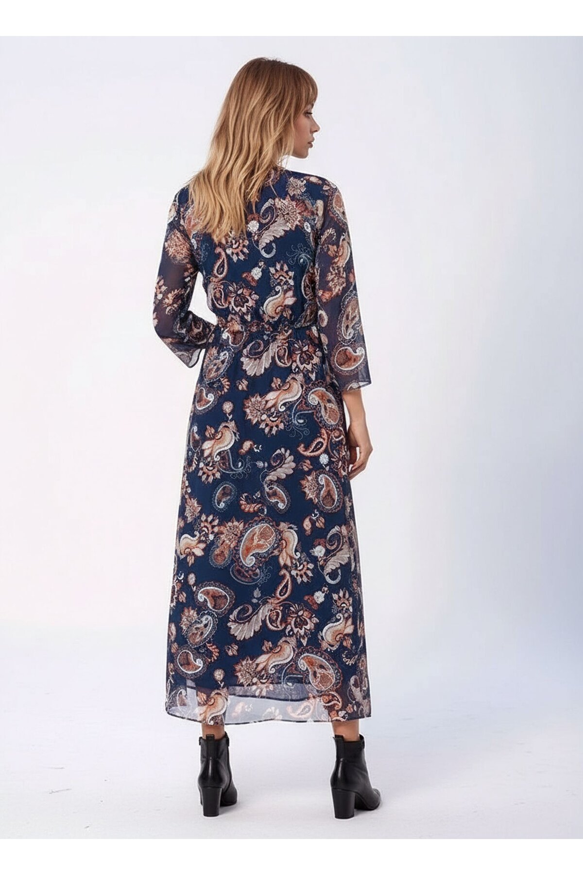 Kadın V Yaka  Astarlı Uzun Truvakar Kol Çiçekli Tül Şık Maxi Boy Elbise