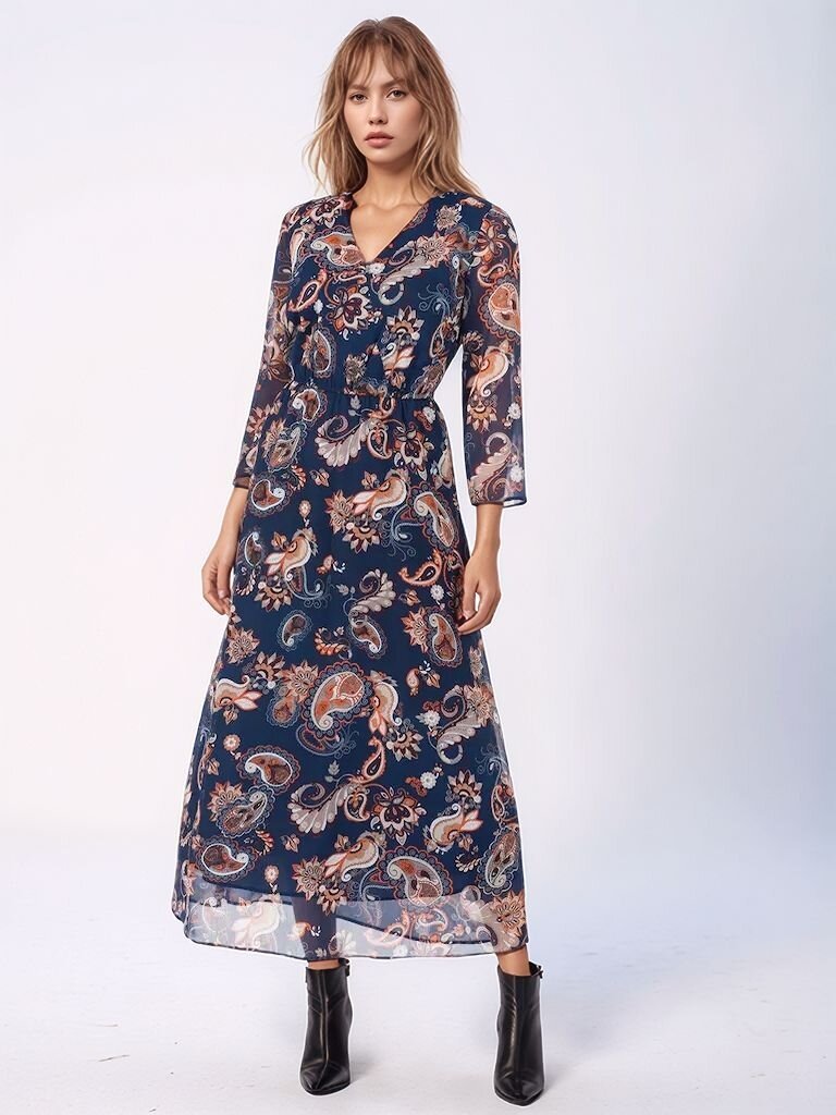 Kadın V Yaka  Astarlı Uzun Truvakar Kol Çiçekli Tül Şık Maxi Boy Elbise