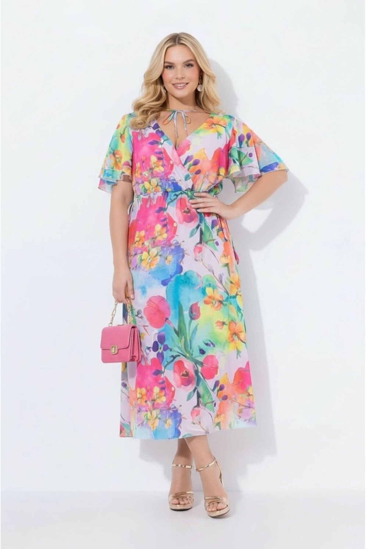 Kadın V Yaka Belden Oturmalı Çiçekli Şık Abiye Curve Büyük Beden Gece Elbise