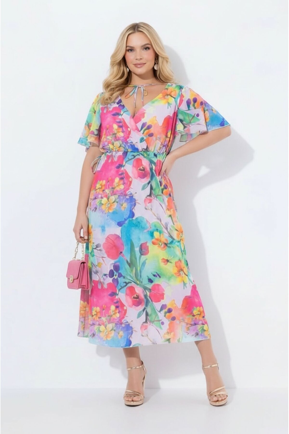 Kadın V Yaka Belden Oturmalı Çiçekli Şık Abiye Curve Büyük Beden Gece Elbise