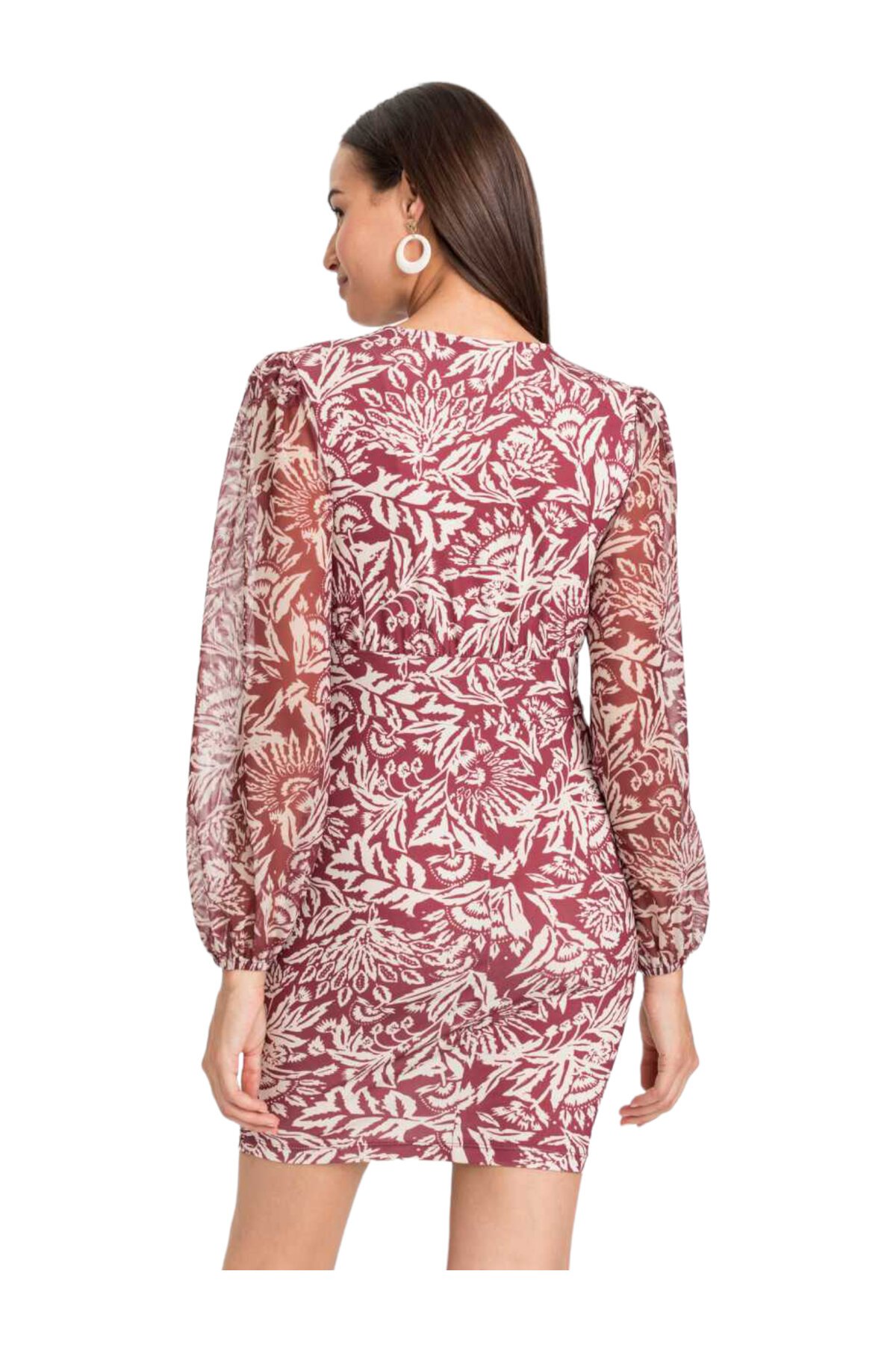 Kadın V Yaka Bordo Krem Desenli Kolu Şifon Eteği Büzgülü Mini Boy Şık Abiye Elbise