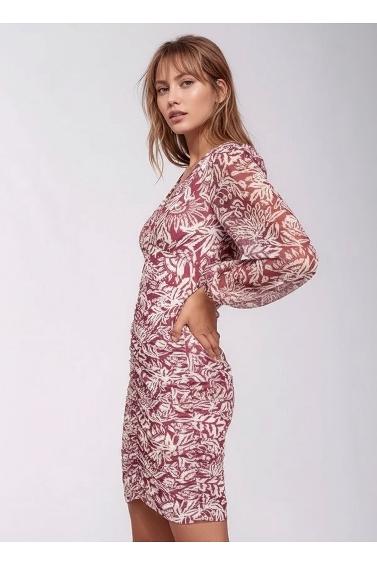 Kadın V Yaka Bordo Krem Desenli Kolu Şifon Eteği Büzgülü Mini Boy Şık Abiye Elbise