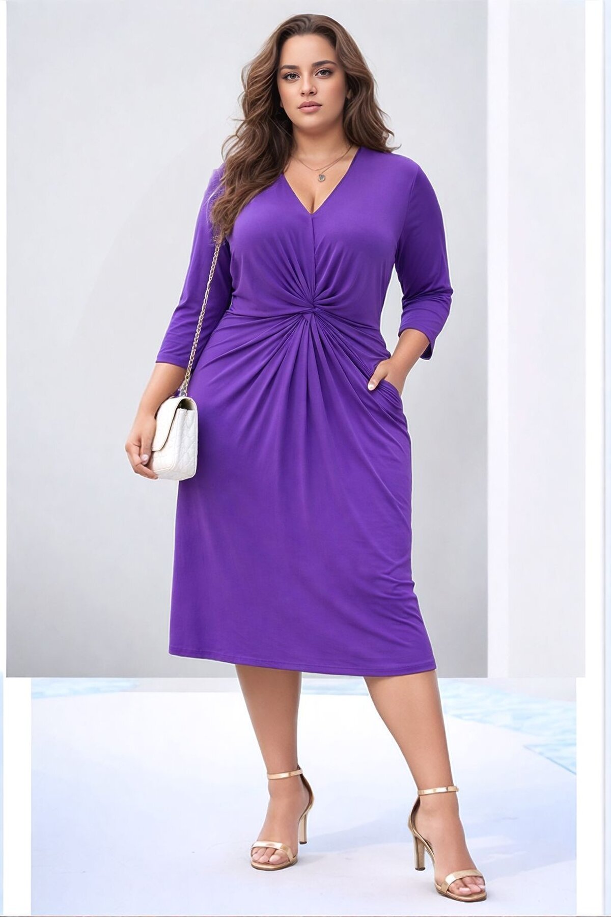 Kadın V Yaka Büyük Beden Önden Düğümlü  Asimetrik Kesim Truvakar Kol Şık Curve Abiye Elbise