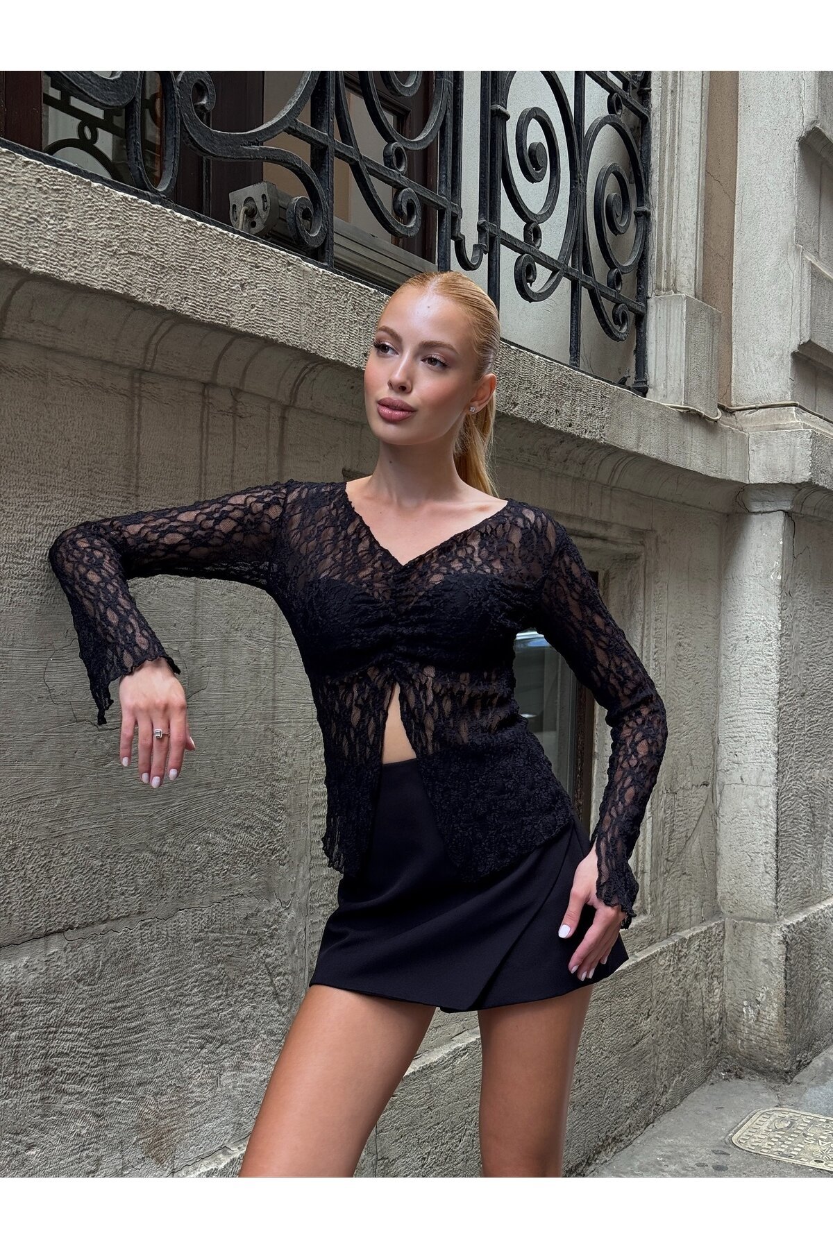 Kadın V Yaka Full Esnek Dantel Bürümcük Spor Şık Tasarım Asimetrik Kesim Gece Bluzu