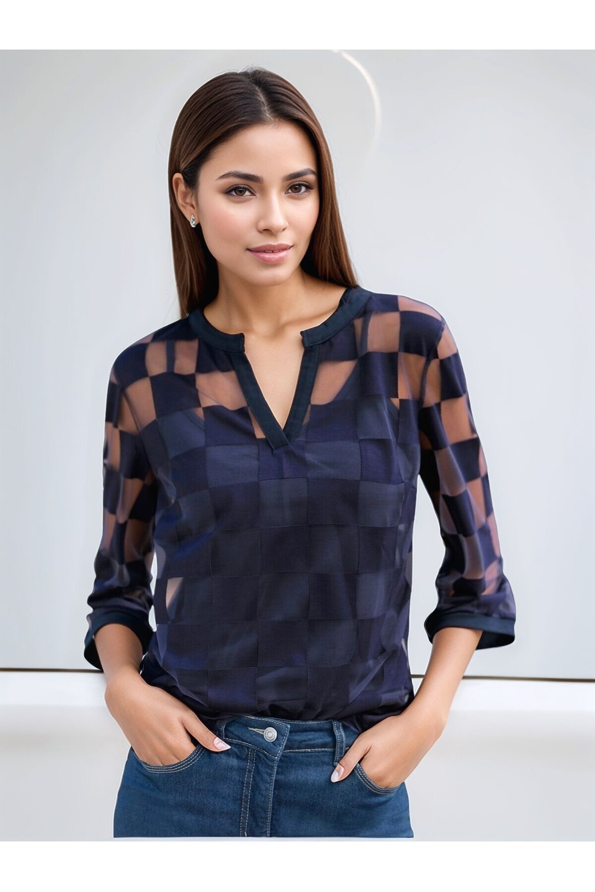 Kadın V Yaka Kare Desenli Şifon Truvakar Kol Astarlı Tasarım Şık Büyük Beden Curve Bluz