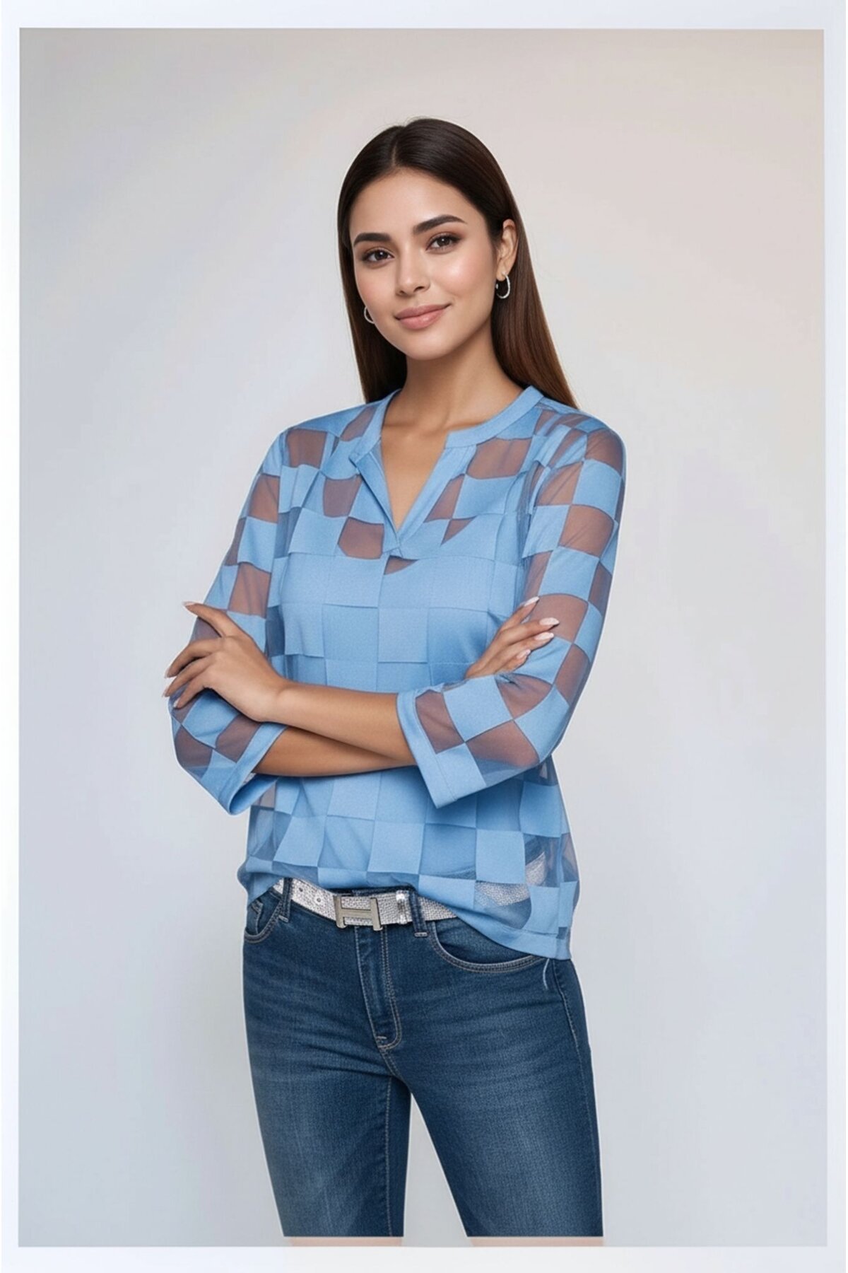 Kadın V Yaka Kare Desenli Şifon Truvakar Kol Astarlı Tasarım Şık Büyük Beden Curve Bluz