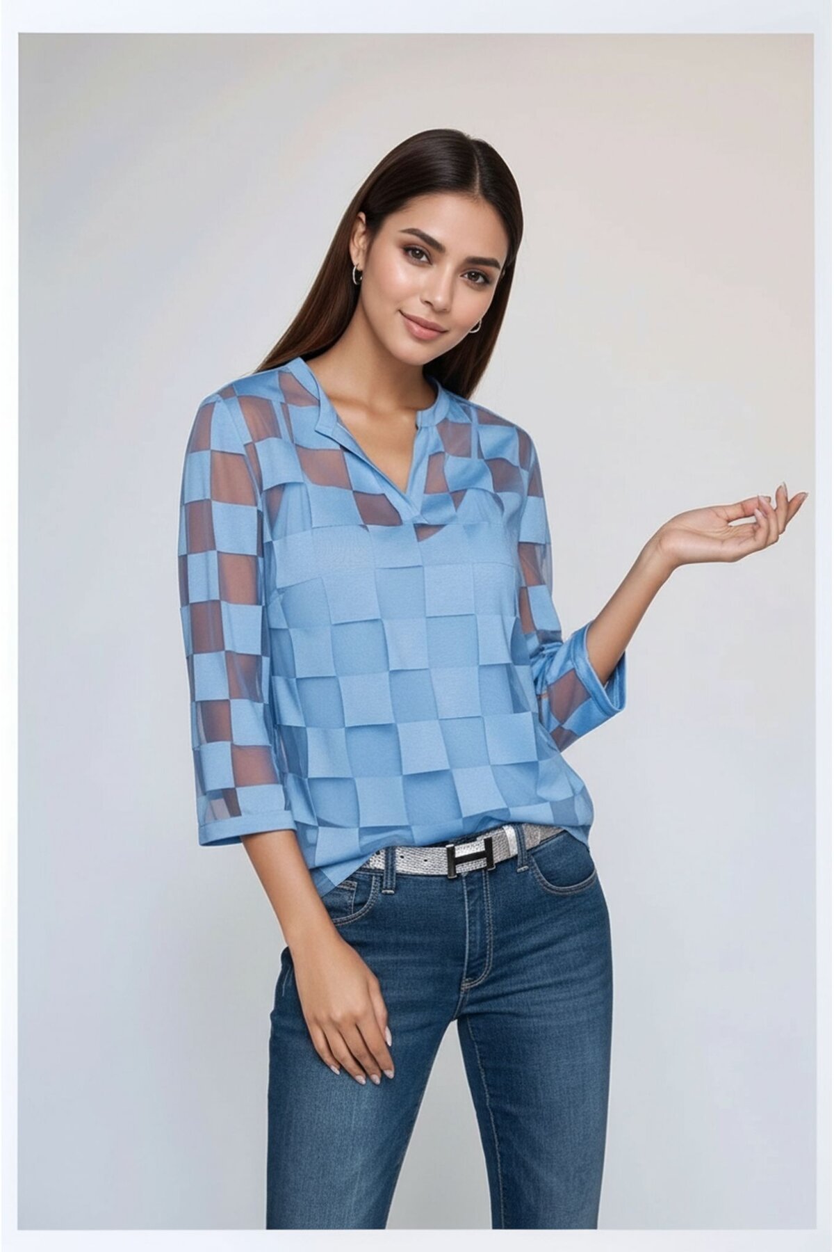 Kadın V Yaka Kare Desenli Şifon Truvakar Kol Astarlı Tasarım Şık Büyük Beden Curve Bluz