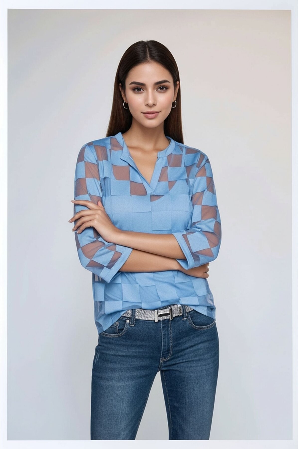 Kadın V Yaka Kare Desenli Şifon Truvakar Kol Astarlı Tasarım Şık Büyük Beden Curve Bluz