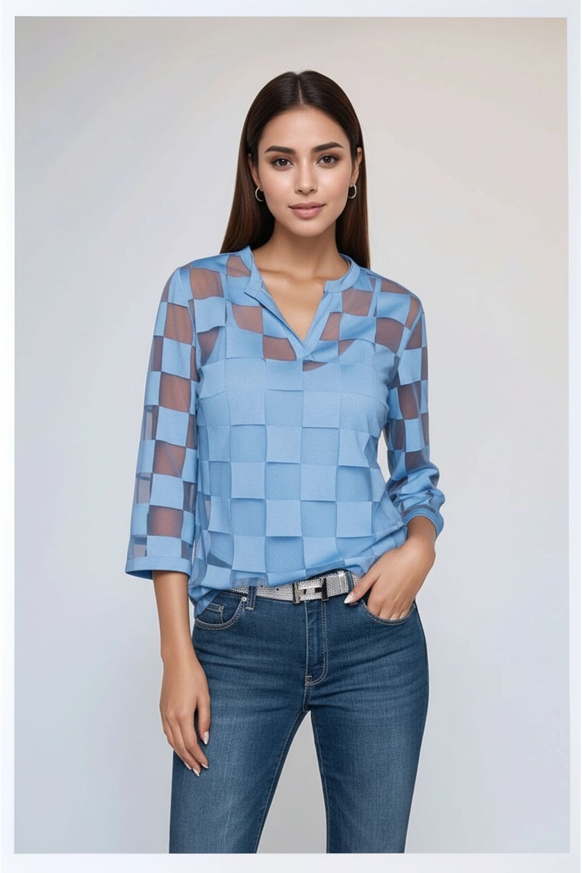Kadın V Yaka Kare Desenli Şifon Truvakar Kol Astarlı Tasarım Şık Büyük Beden Curve Bluz