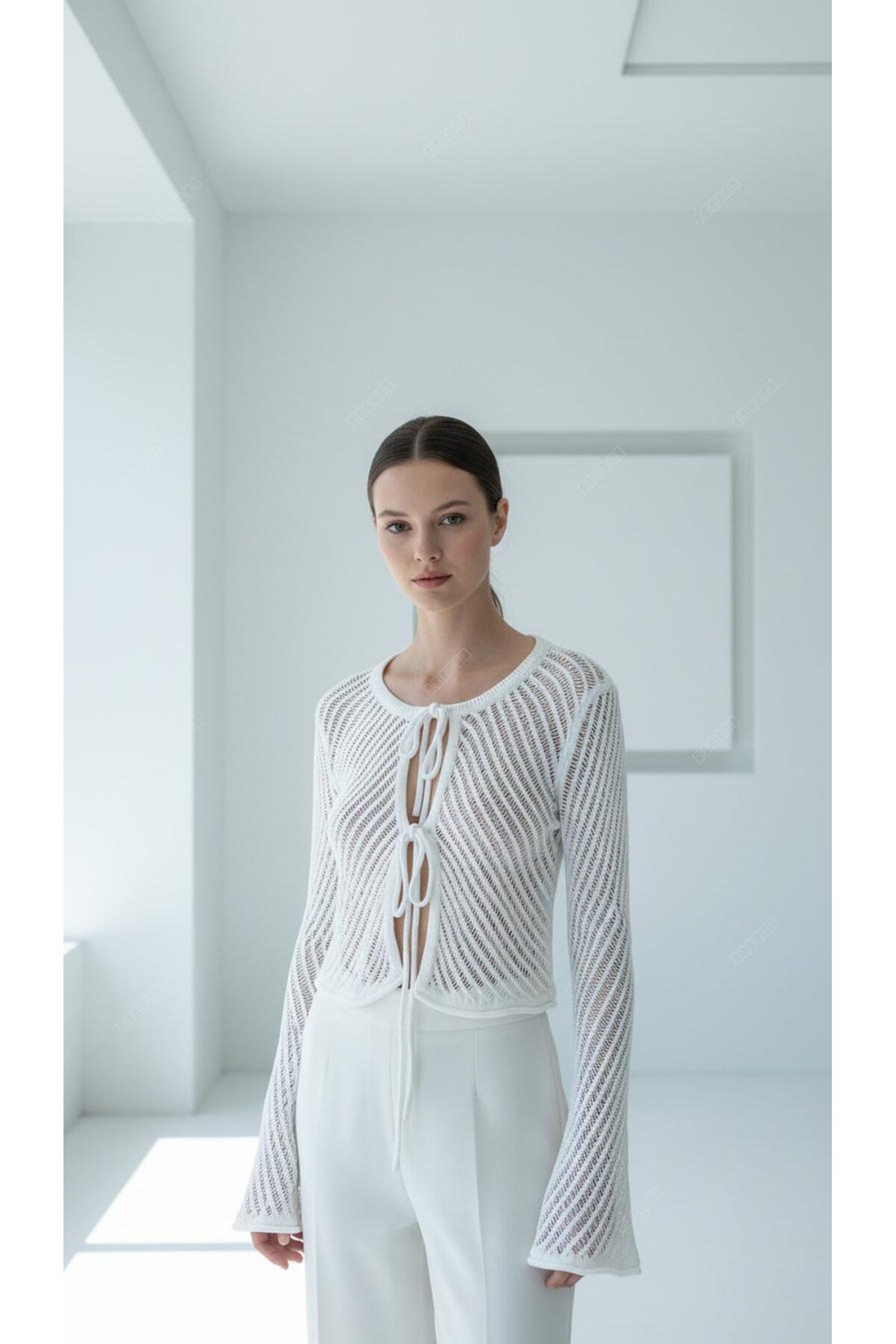 Kadın Bisiklet Yaka Önden Bağcıklı İspanyol Uzun Kol Spor Şık Ajurlu Tasarım Kısa Ceket