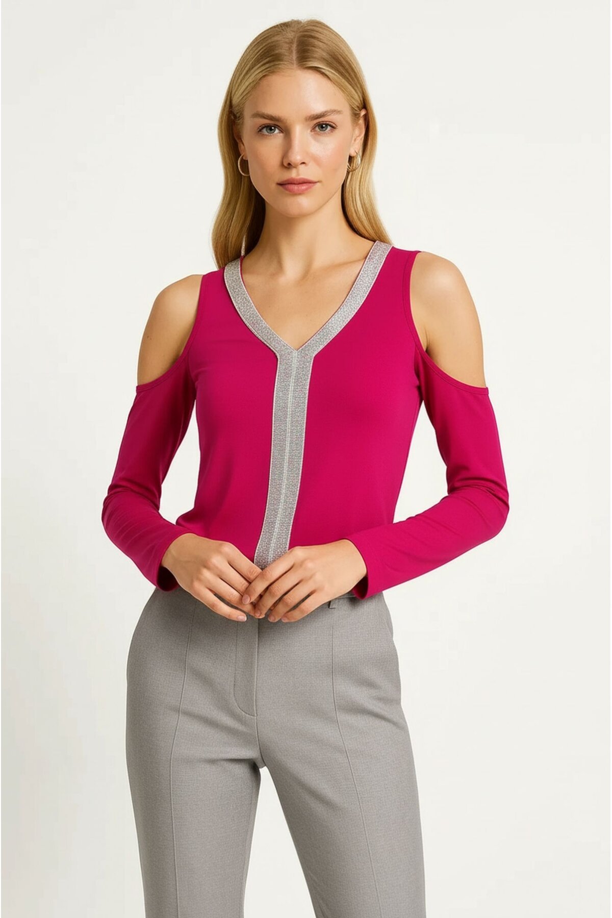 Kadın V Yaka Önden Parıltılı Şeritli Omzu Açık uzun Kol Viskon Spor Şık Büyük Beden Curve Bluz