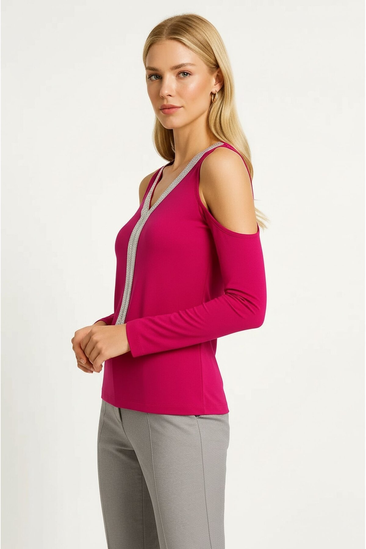 Kadın V Yaka Önden Parıltılı Şeritli Omzu Açık uzun Kol Viskon Spor Şık Büyük Beden Curve Bluz