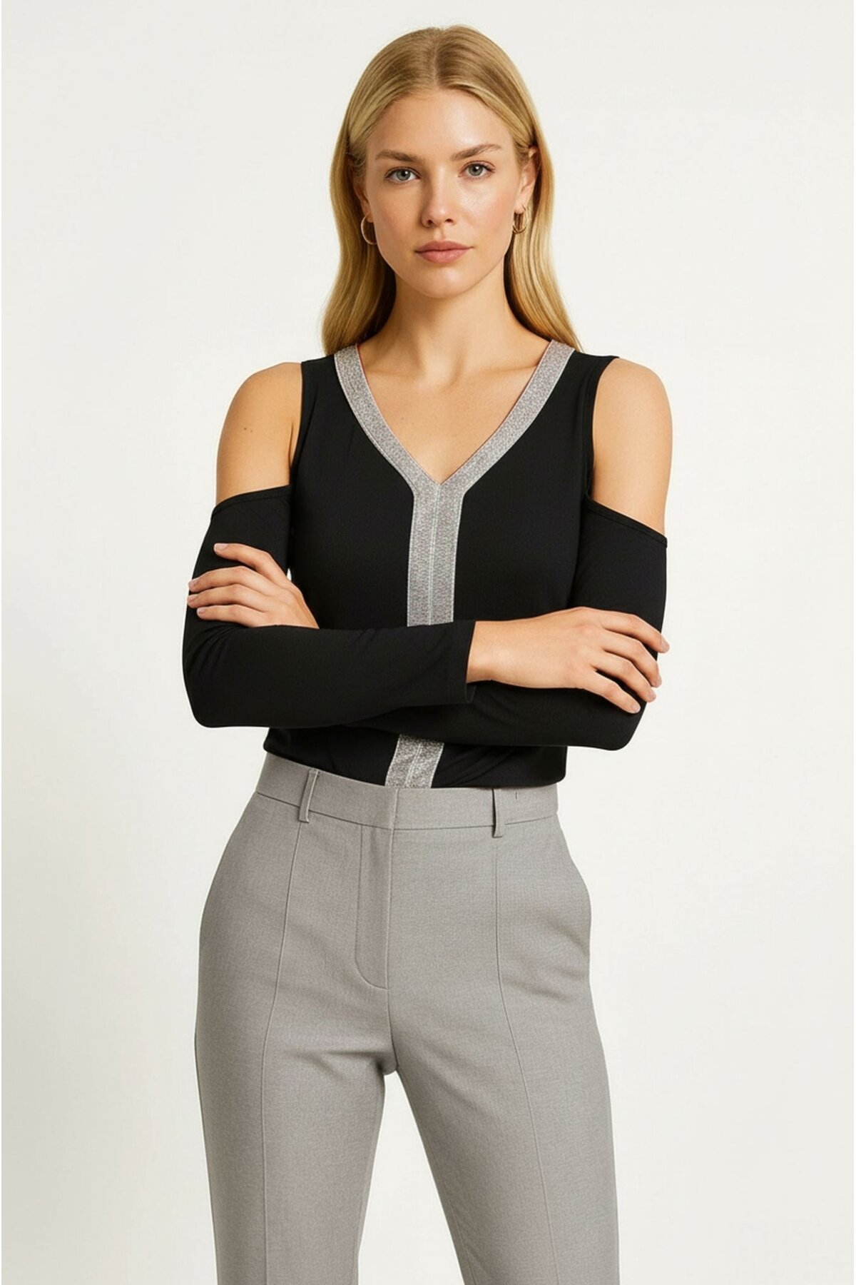 Kadın V Yaka Önden Parıltılı Şeritli Omzu Açık uzun Kol Viskon Spor Şık Büyük Beden Curve Bluz