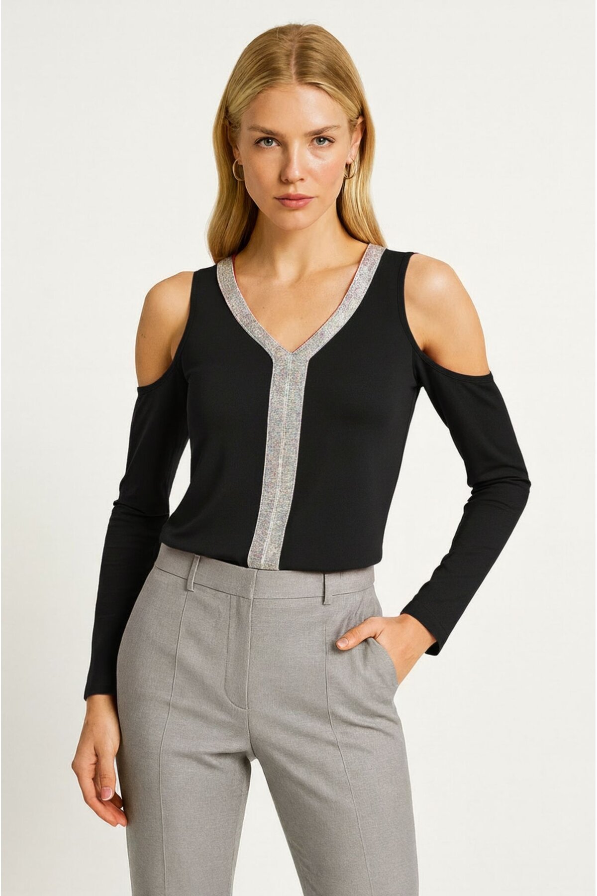 Kadın V Yaka Önden Parıltılı Şeritli Omzu Açık uzun Kol Viskon Spor Şık Büyük Beden Curve Bluz