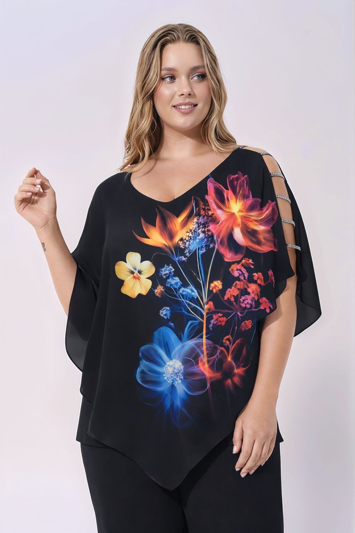 Kadın V Yaka Taşlı Şeritli Kol Tasarımlı Asimetrik Şifon Astarlı Tasarım Şık Büyük Beden Curve Bluz