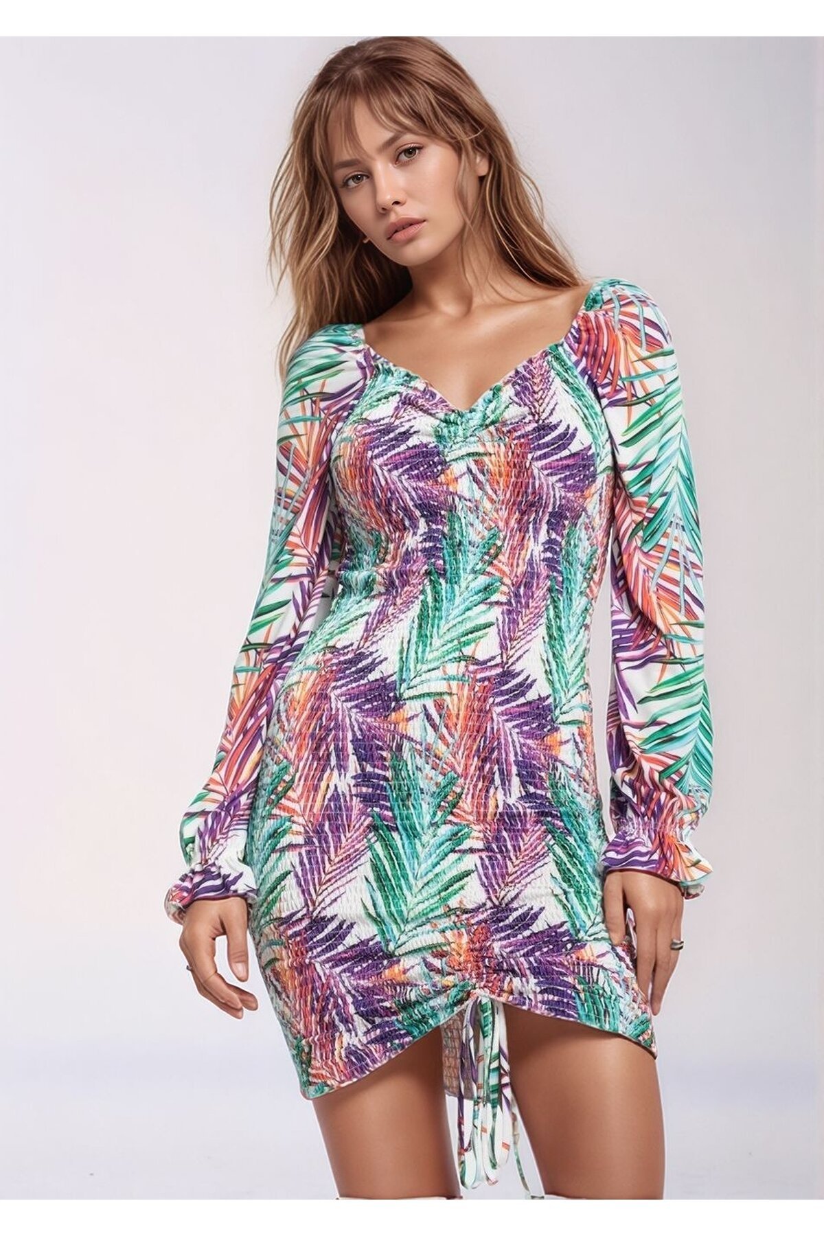 Kadın V Yaka Uzun Kol  Desenli Ayarlanabilir Eteği Büzülen Vücudu Saran Spor Şık Curve Elbise