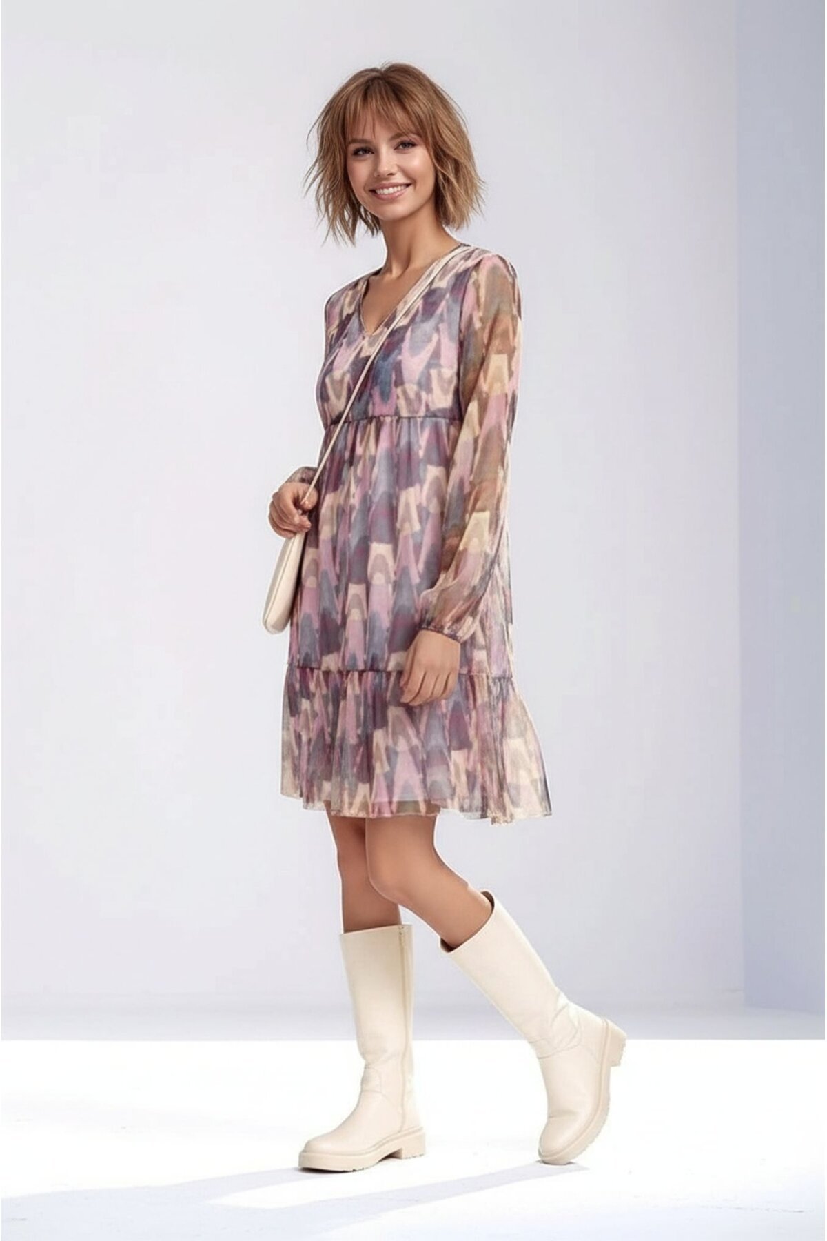 Kadın V Yaka Uzun Kol Rahat Kalıp Desenli Tül Elbise