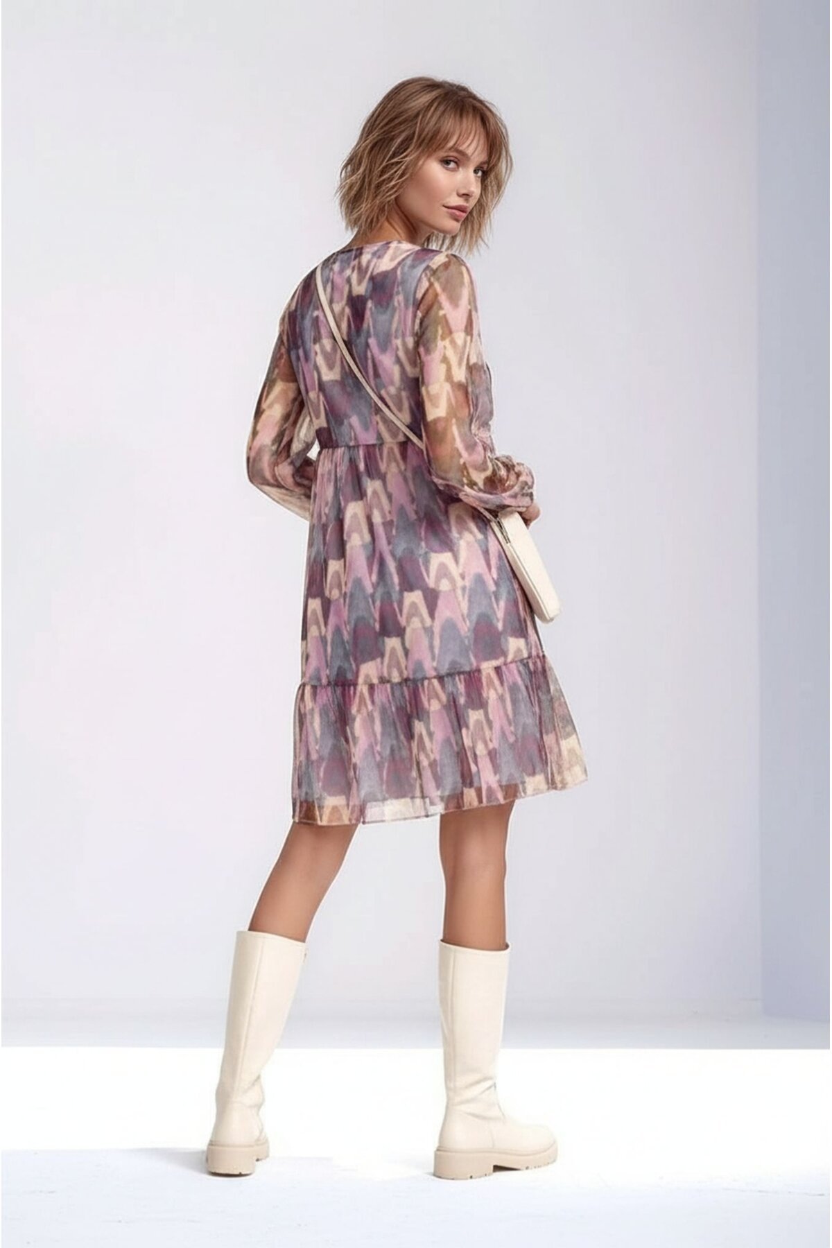 Kadın V Yaka Uzun Kol Rahat Kalıp Desenli Tül Elbise