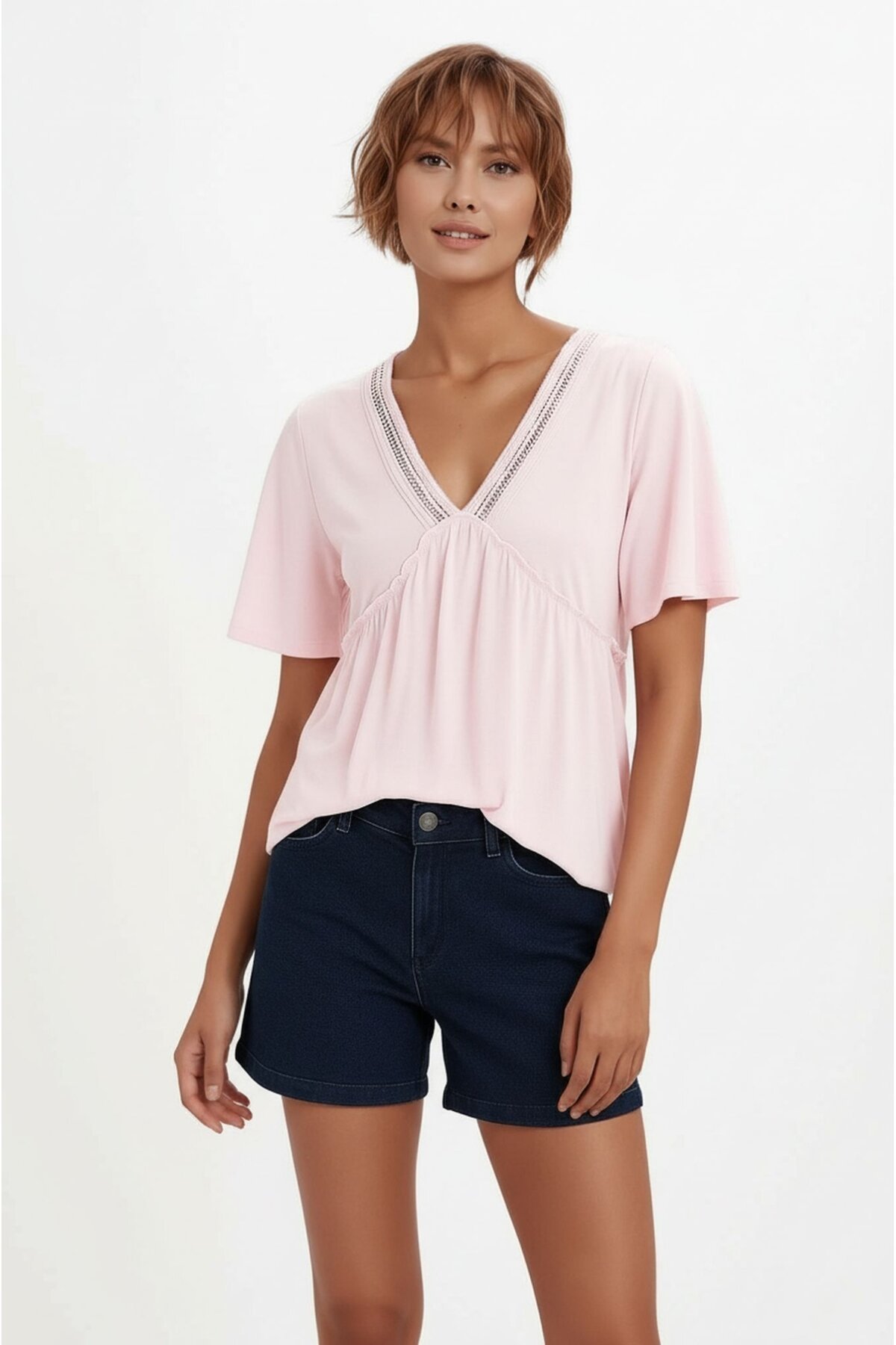 Kadın V Yaka Yarım Kol Yakası File Detay Şık Örme Rahat Kalıp Yazlık Bluz