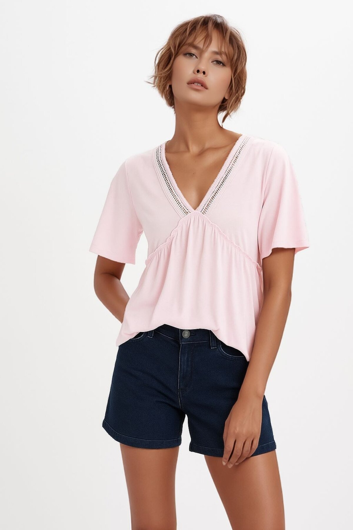 Kadın V Yaka Yarım Kol Yakası File Detay Şık Örme Rahat Kalıp Yazlık Bluz