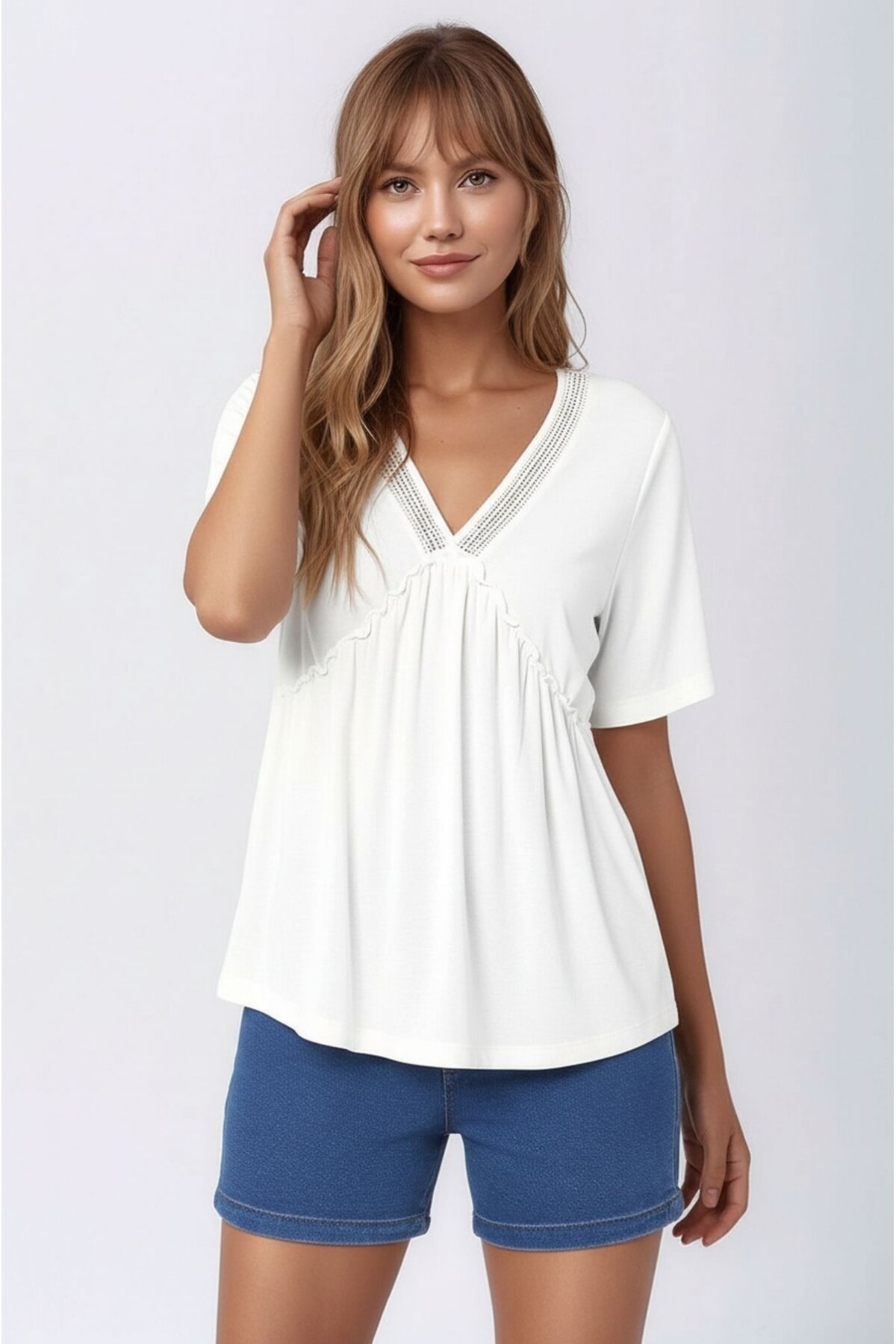 Kadın V Yaka Yarım Kol Yakası File Detay Şık Örme Rahat Kalıp Yazlık Bluz