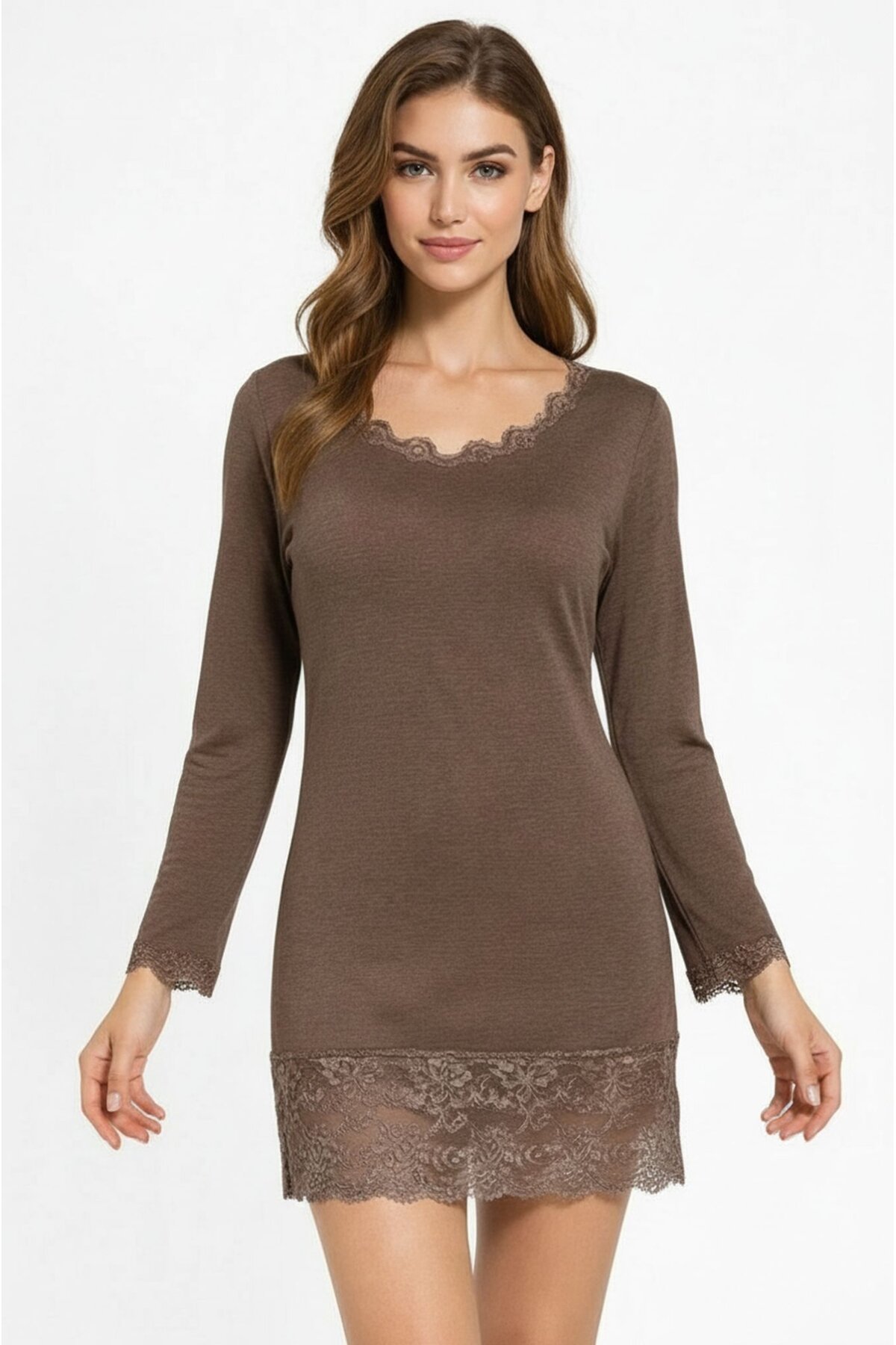 Kadın Viskon Dantel Detaylı Uzun Kol Curve Spor Şık Bluz Tunik