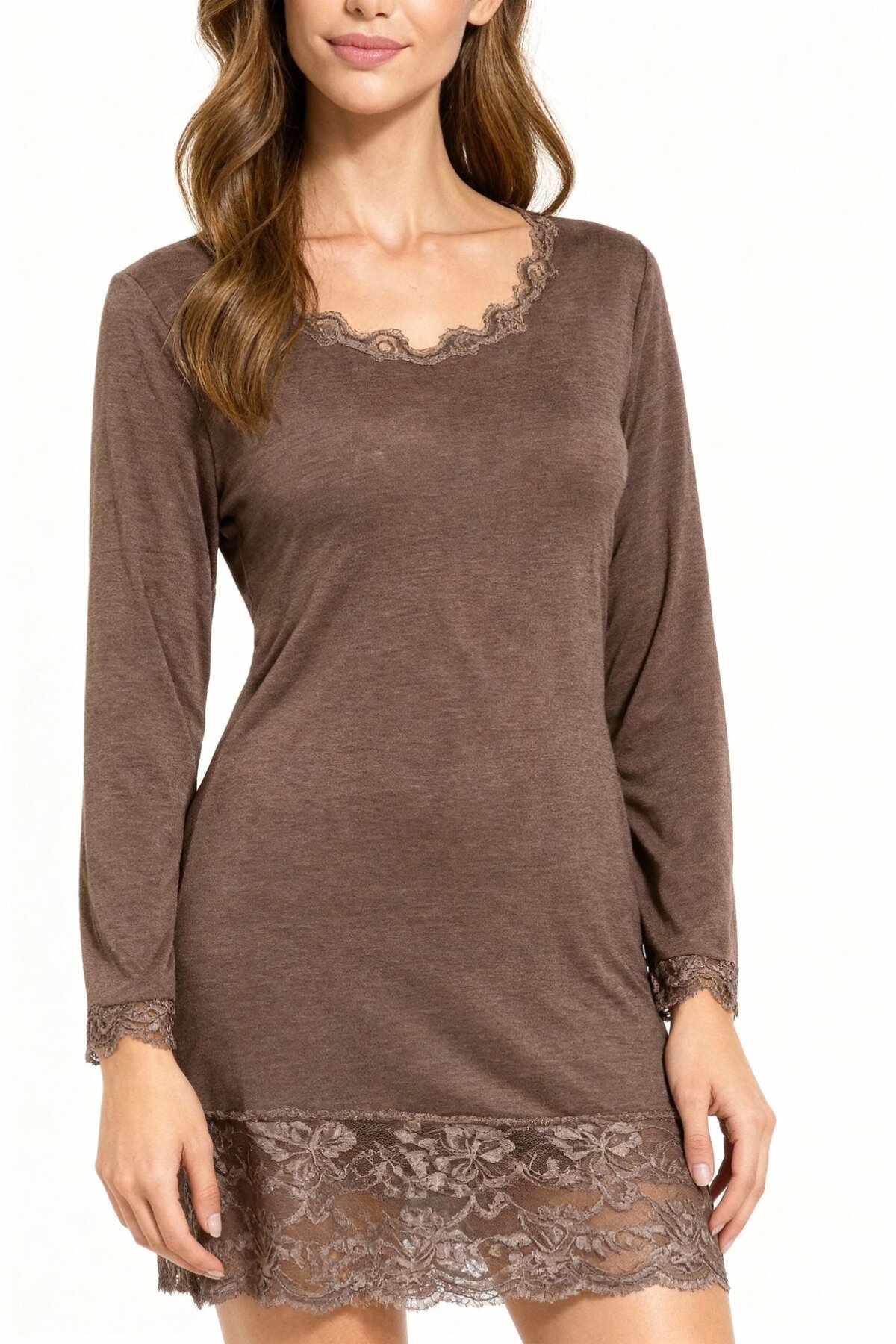 Kadın Viskon Dantel Detaylı Uzun Kol Curve Spor Şık Bluz Tunik