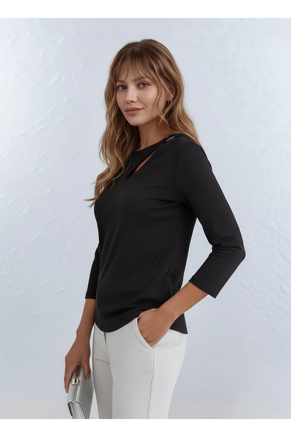Kadın Yakada Toka Detay Spor Şık Dokuma Kumaş Truvakar Kol Büyük Beden Şık Bluz