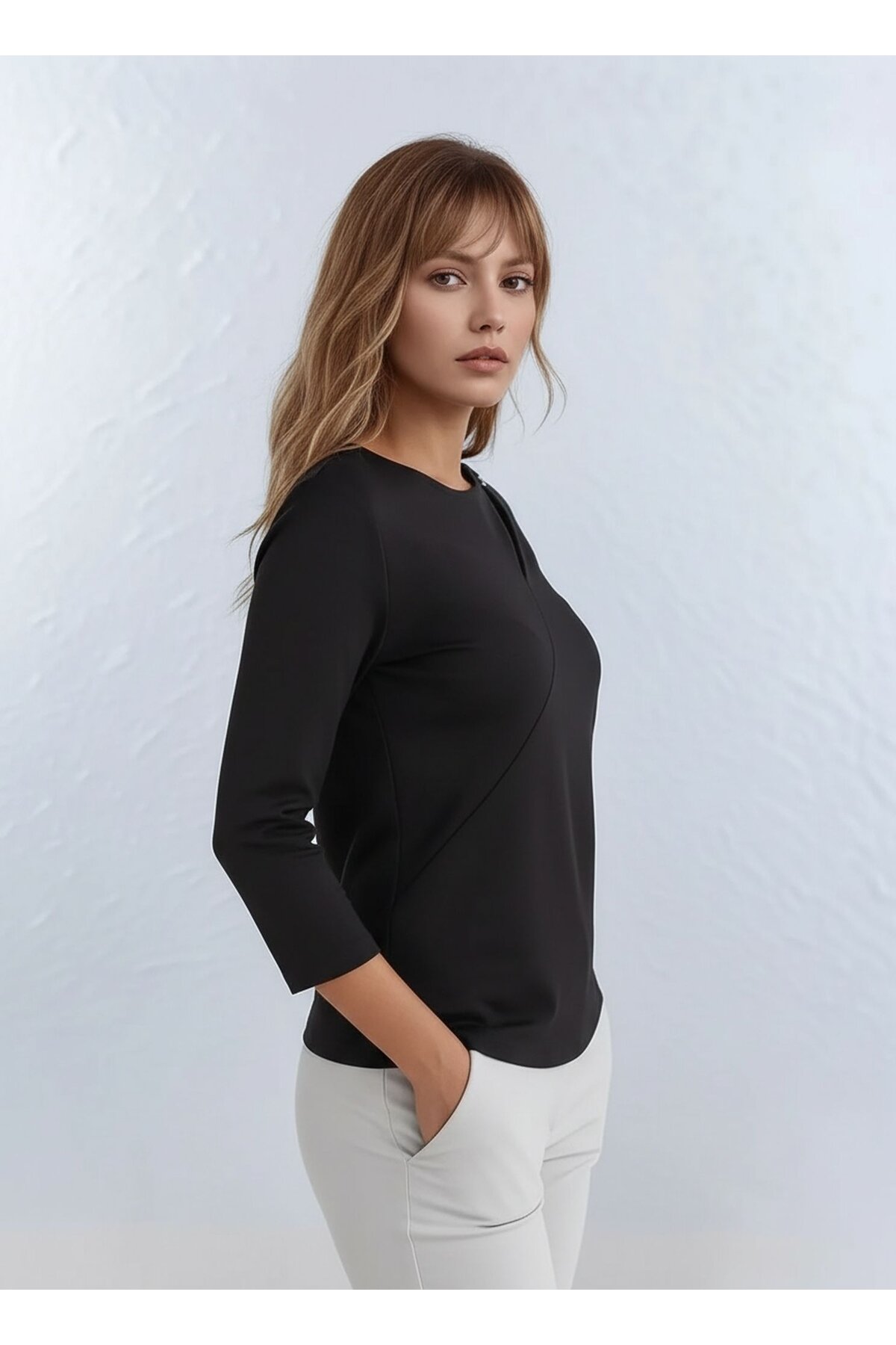 Kadın Yakada Toka Detay Spor Şık Dokuma Kumaş Truvakar Kol Büyük Beden Şık Bluz
