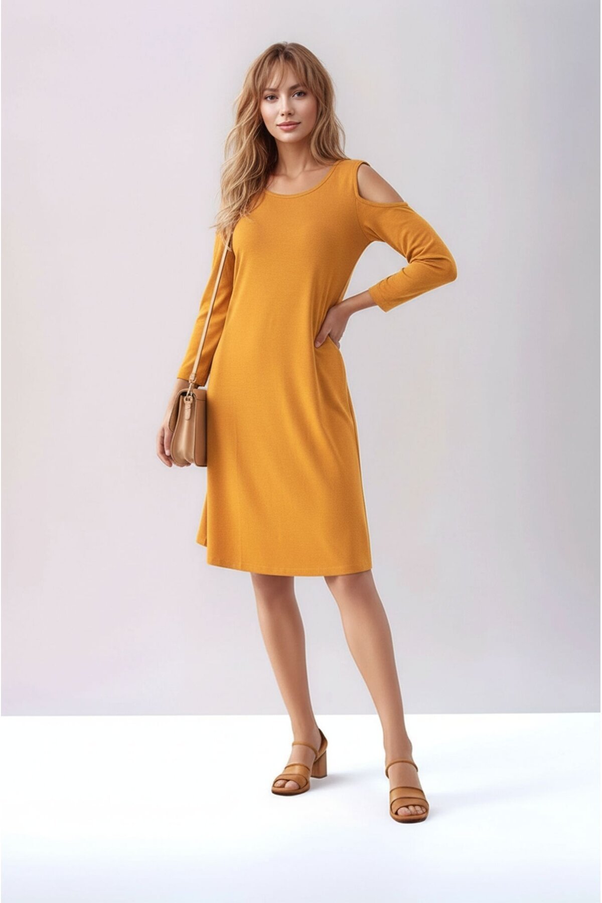 Kadon Omzu Açık Truvakar Kol Bisiklet Yaka Rahat Kalıp Spor Şık Örme Viskon Elbise